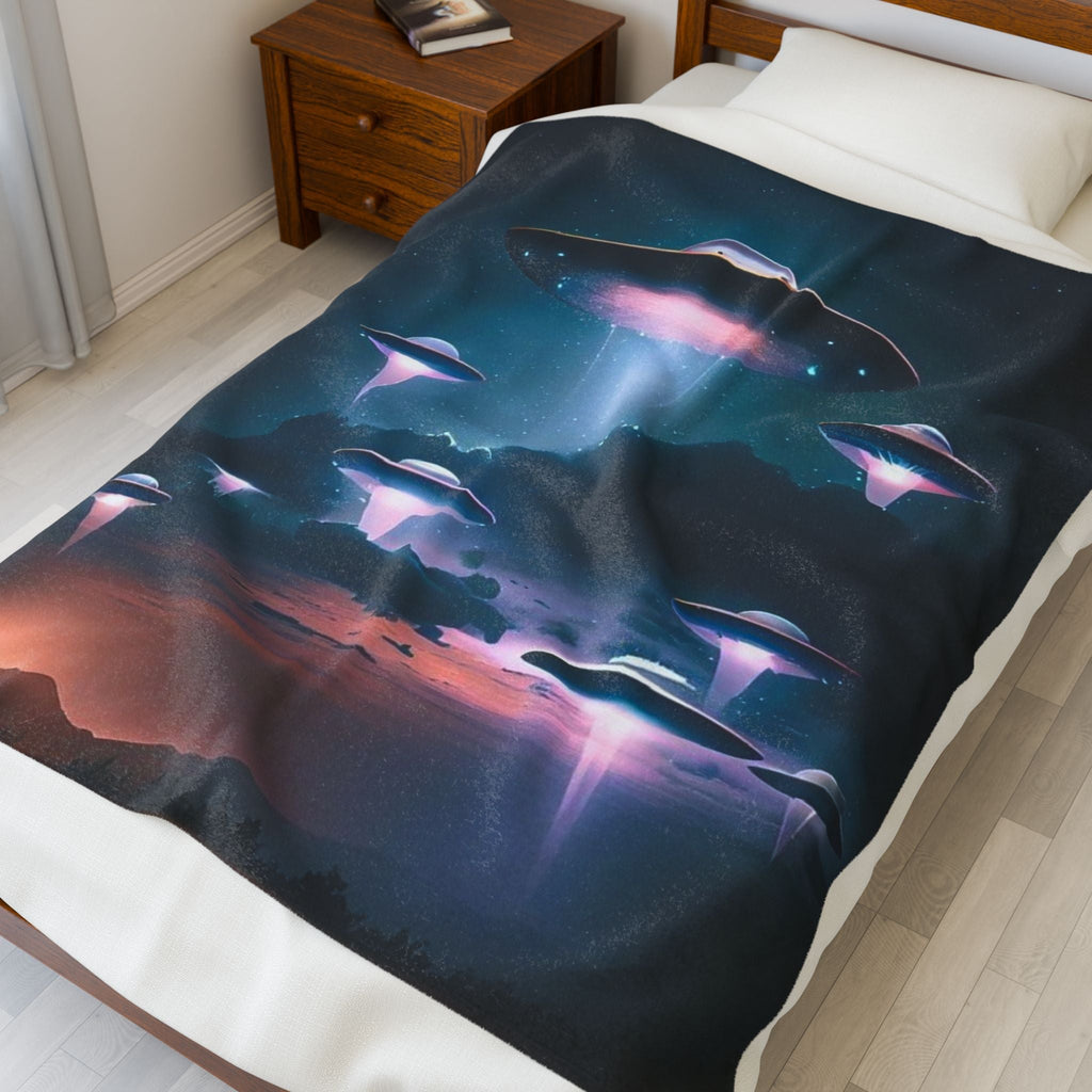 Cosmic UFO Velveteen Plush Blanket - Soft, Warm, and Out of This World! Printify