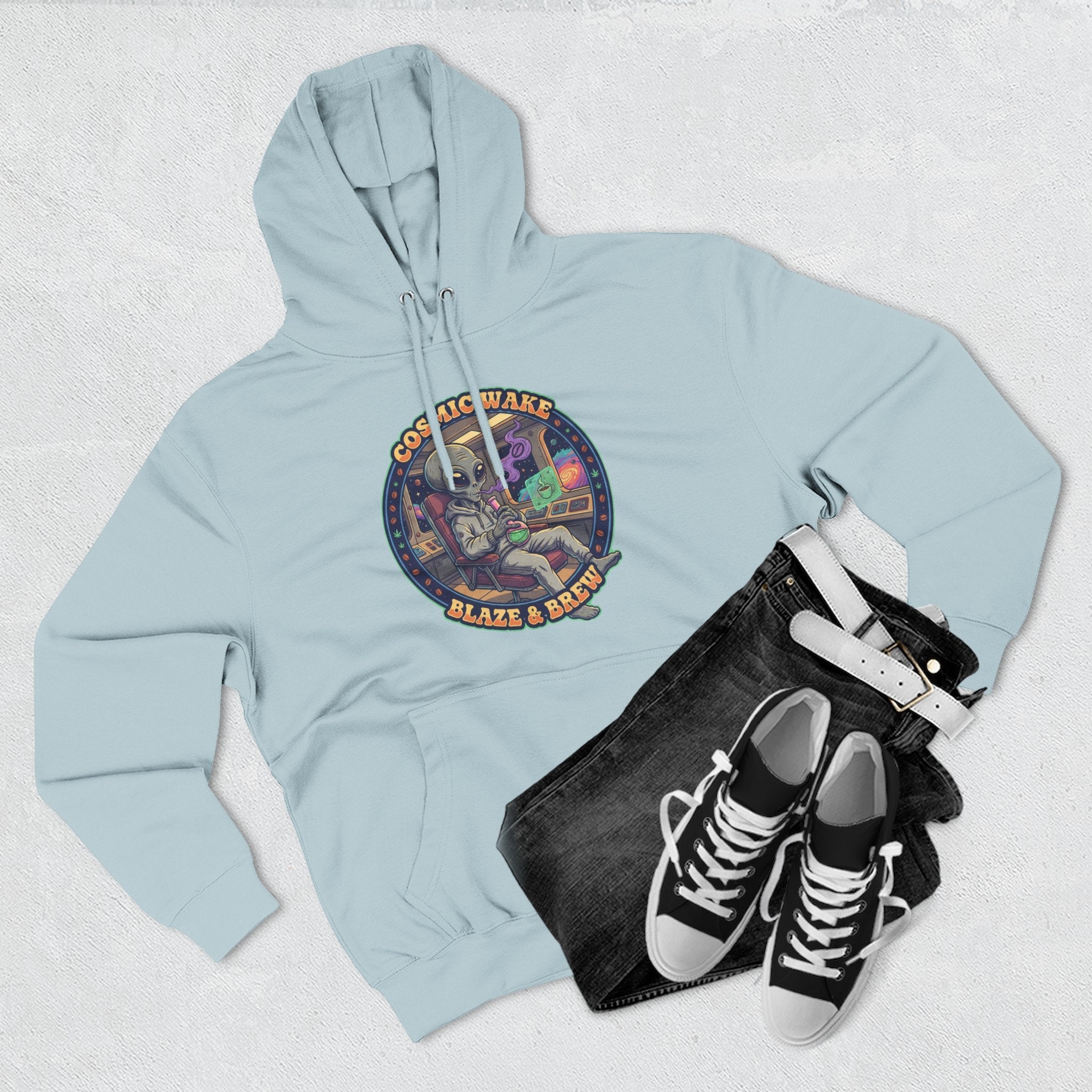 Cosmic Vape 'Blaze & Brew' Graphic Hoodie – Retro Space Vaporwave Pullover⚠️