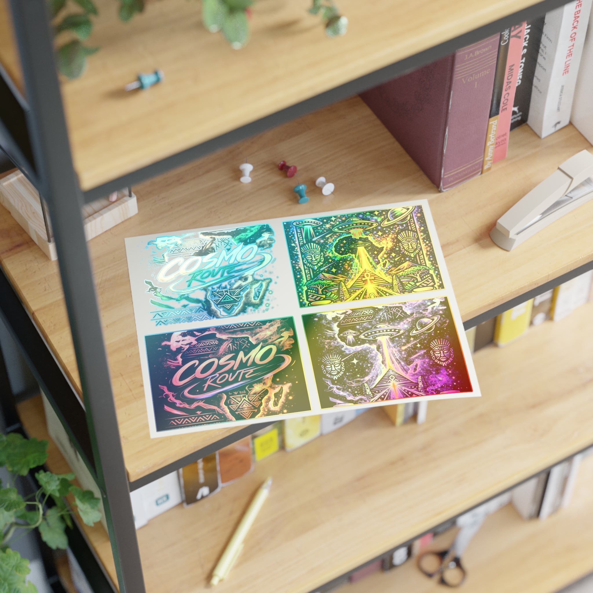 Cosmic Vibes Sticker Sheet — Psychedelic UFO & Retro Cosmo Designs Printify