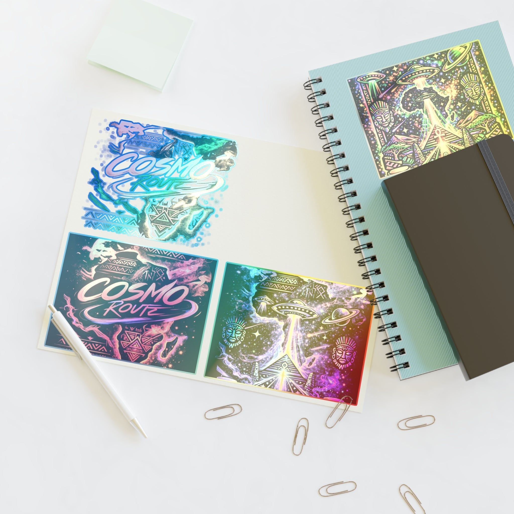 Cosmic Vibes Sticker Sheet — Psychedelic UFO & Retro Cosmo Designs Printify