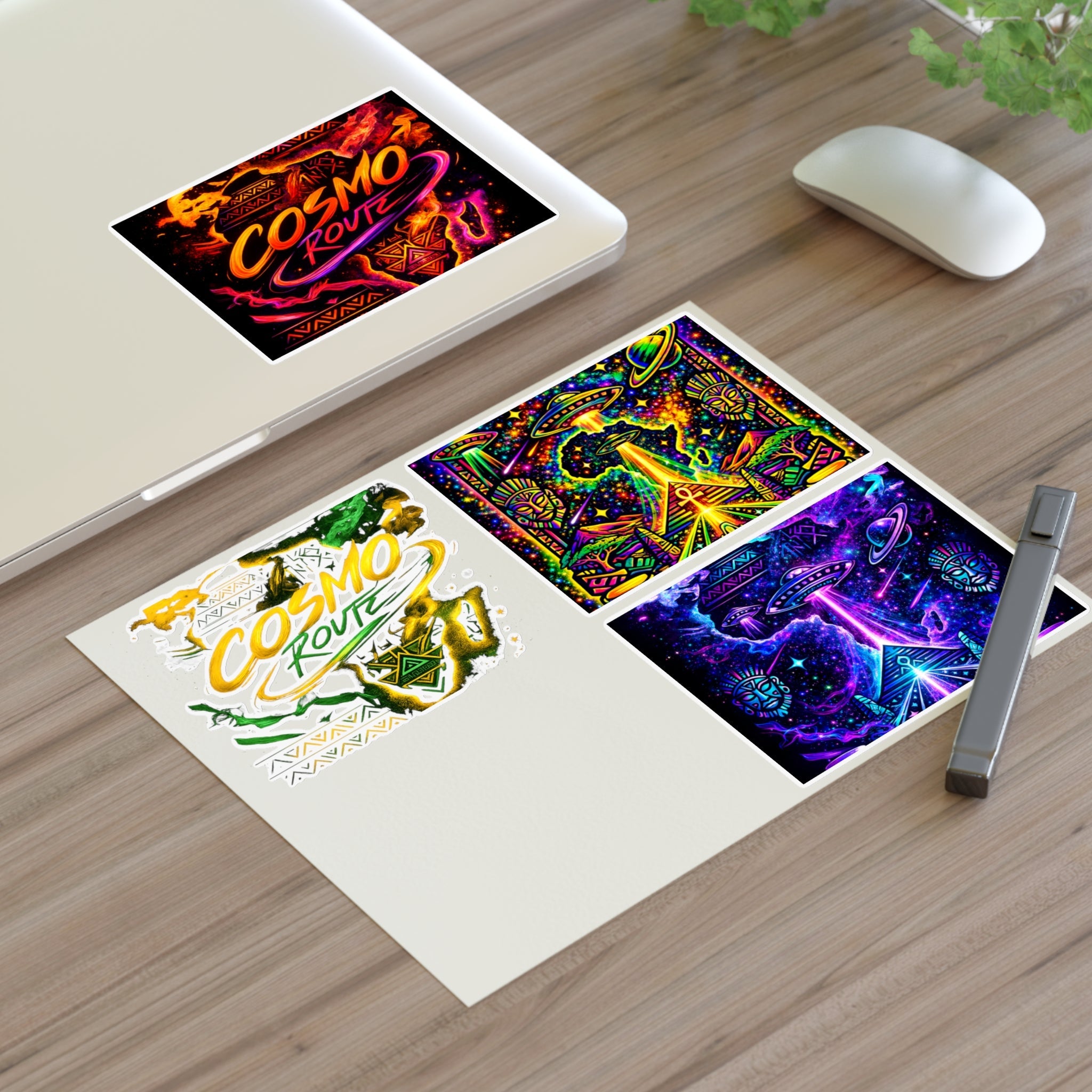 Cosmic Vibes Sticker Sheet — Psychedelic UFO & Retro Cosmo Designs Printify