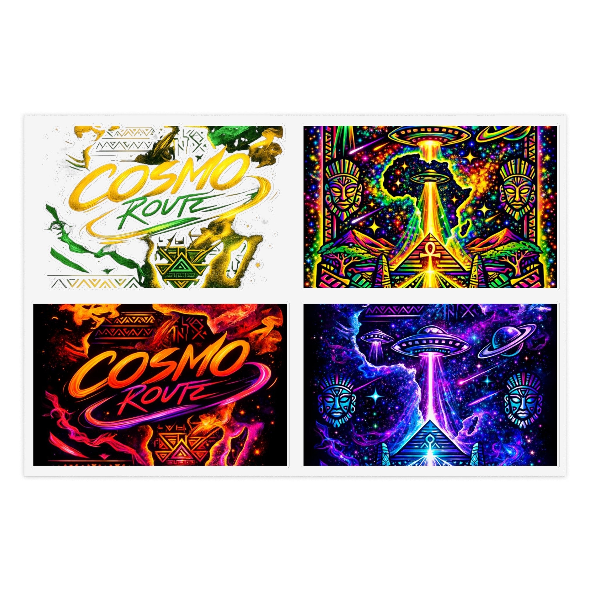 Cosmic Vibes Sticker Sheet — Psychedelic UFO & Retro Cosmo Designs Printify