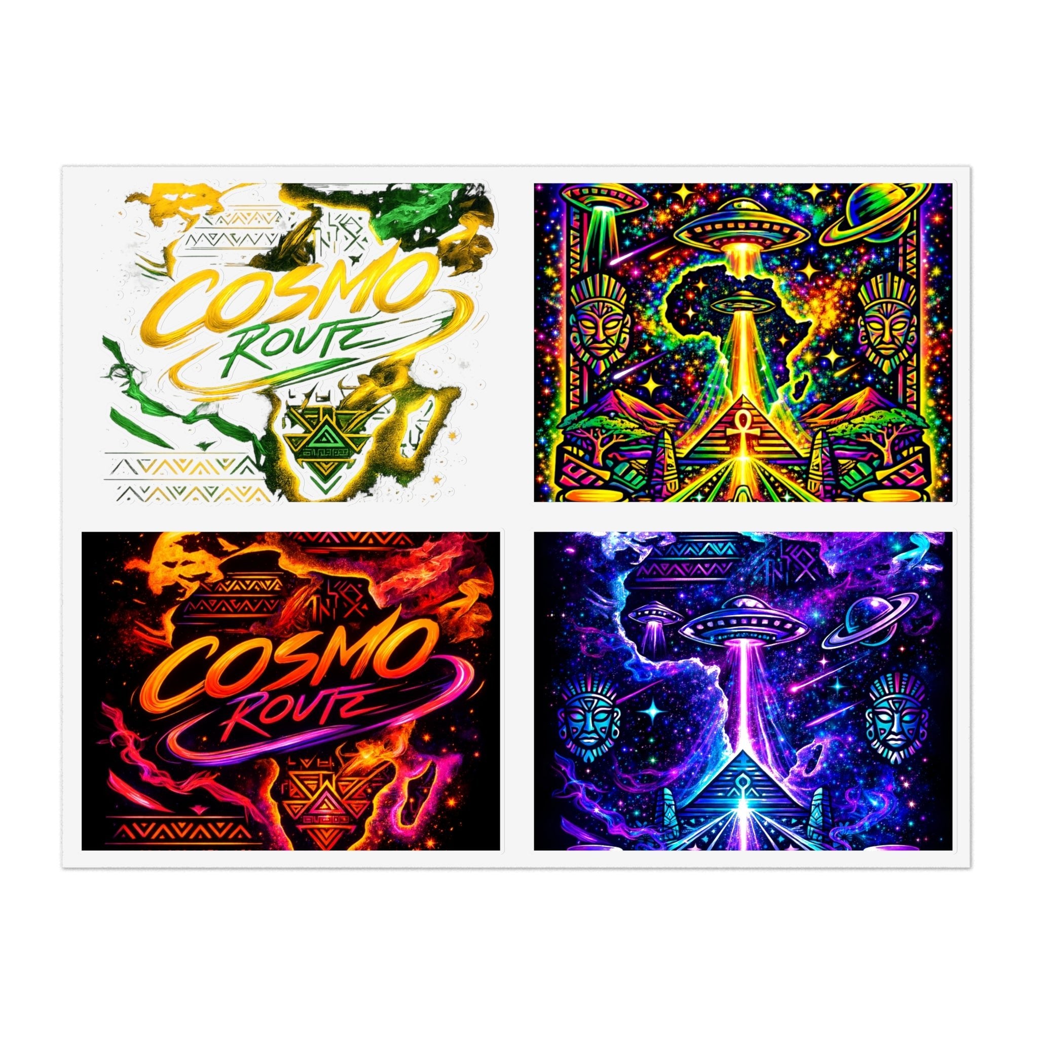 Cosmic Vibes Sticker Sheet — Psychedelic UFO & Retro Cosmo Designs Printify