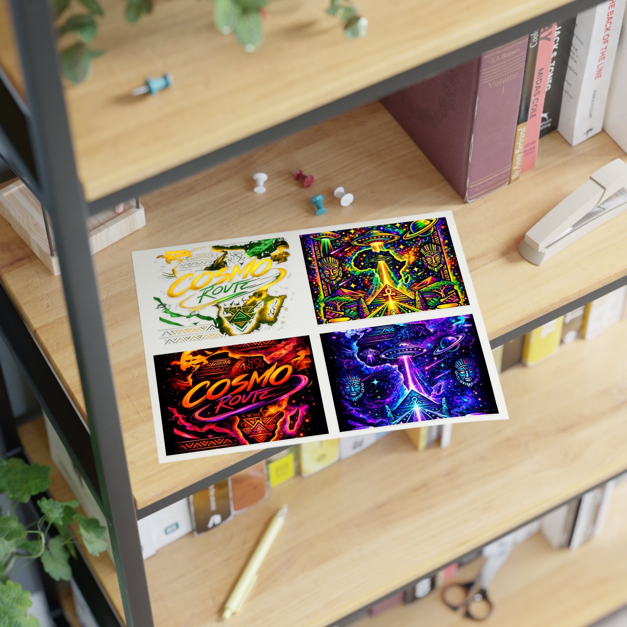 Cosmic Vibes Sticker Sheet — Psychedelic UFO & Retro Cosmo Designs Printify