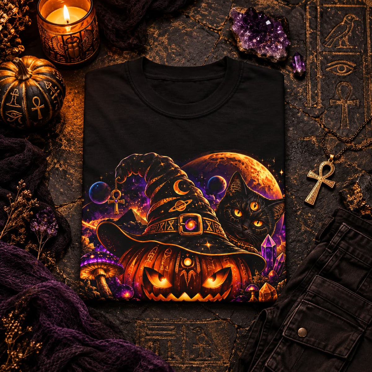 Cosmic Witch Pumpkin T-Shirt – Spooky Halloween Streetwear