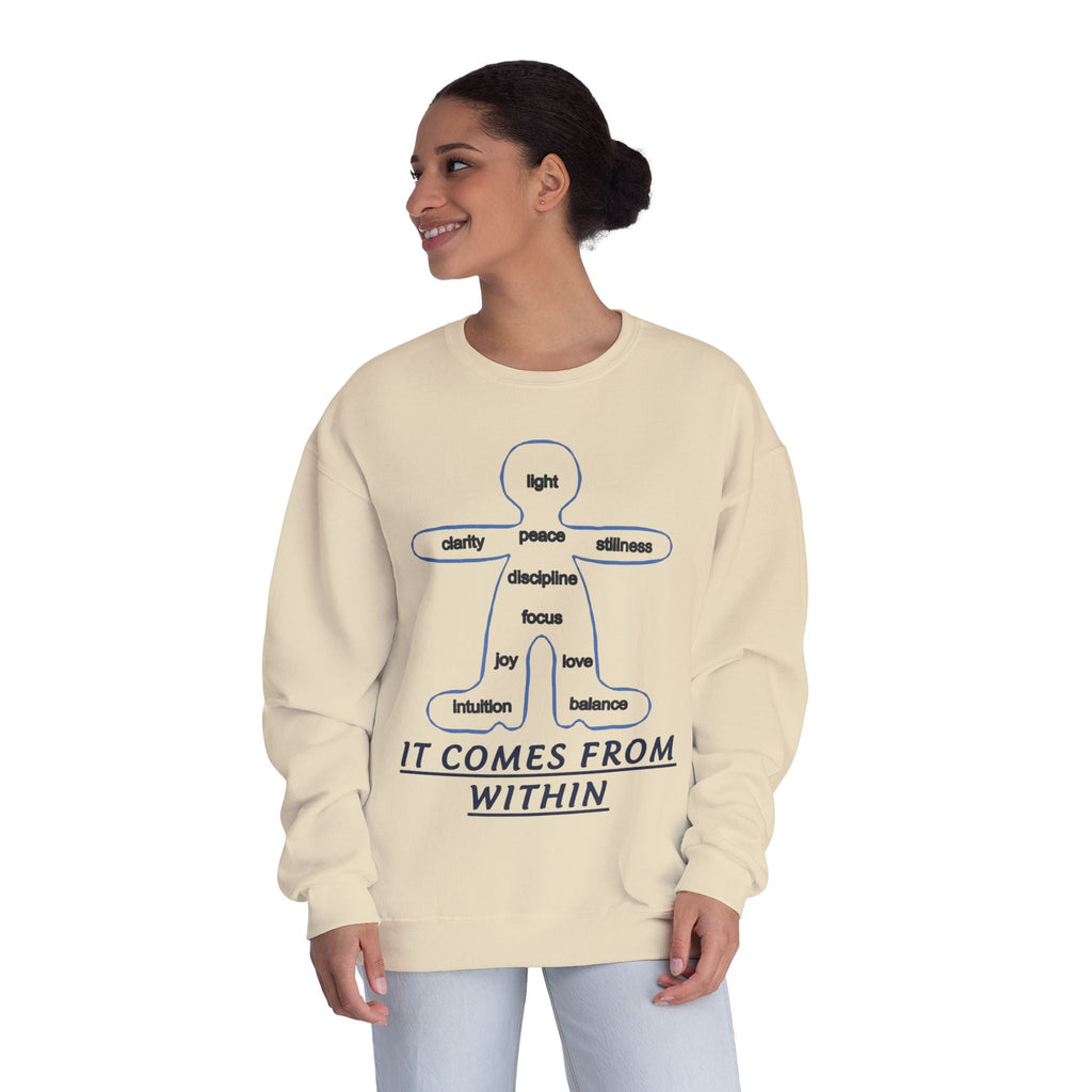 Crewneck Sweatshirt — "It Comes From Within" Mindfulness Diagram Printify