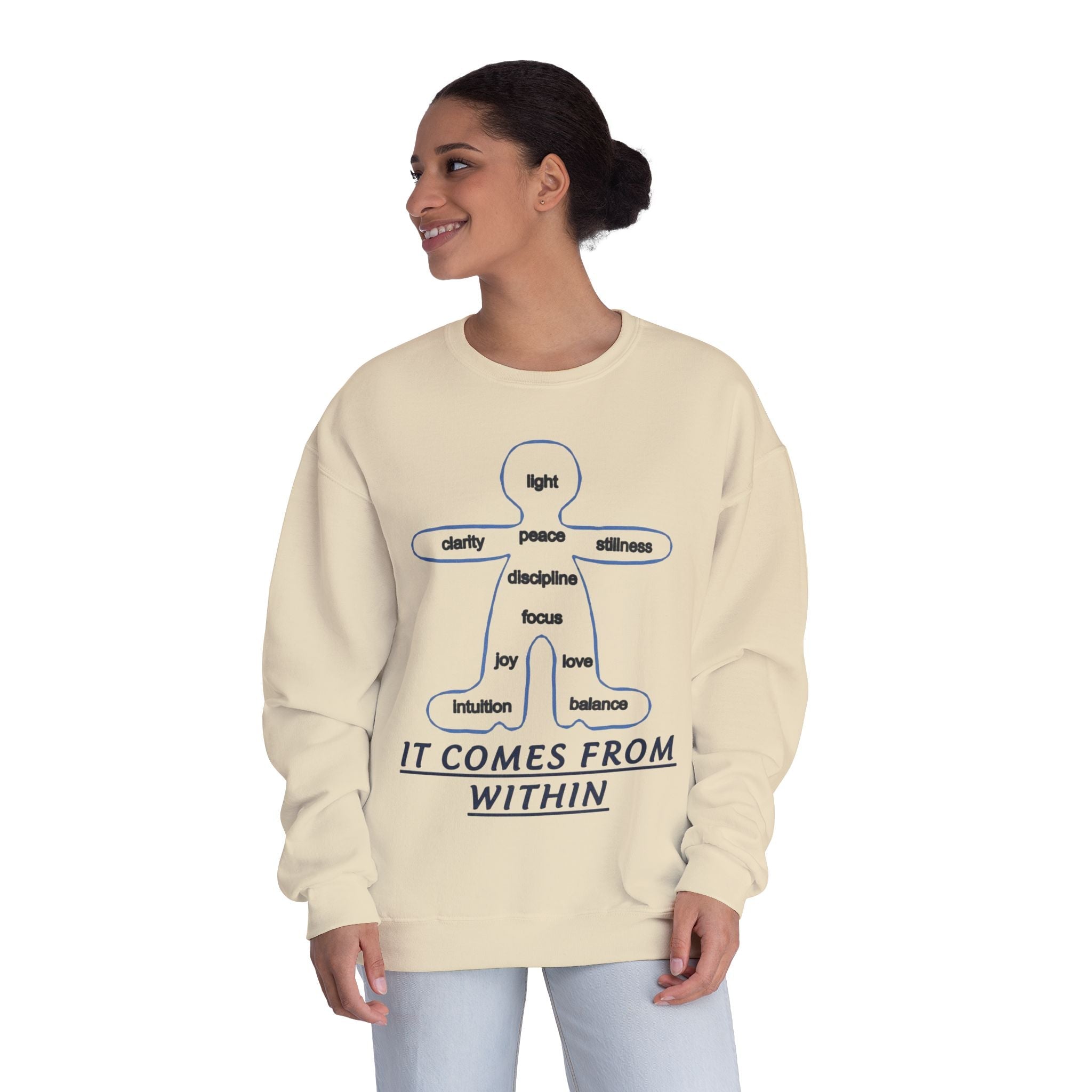 Crewneck Sweatshirt — "It Comes From Within" Mindfulness Diagram Printify