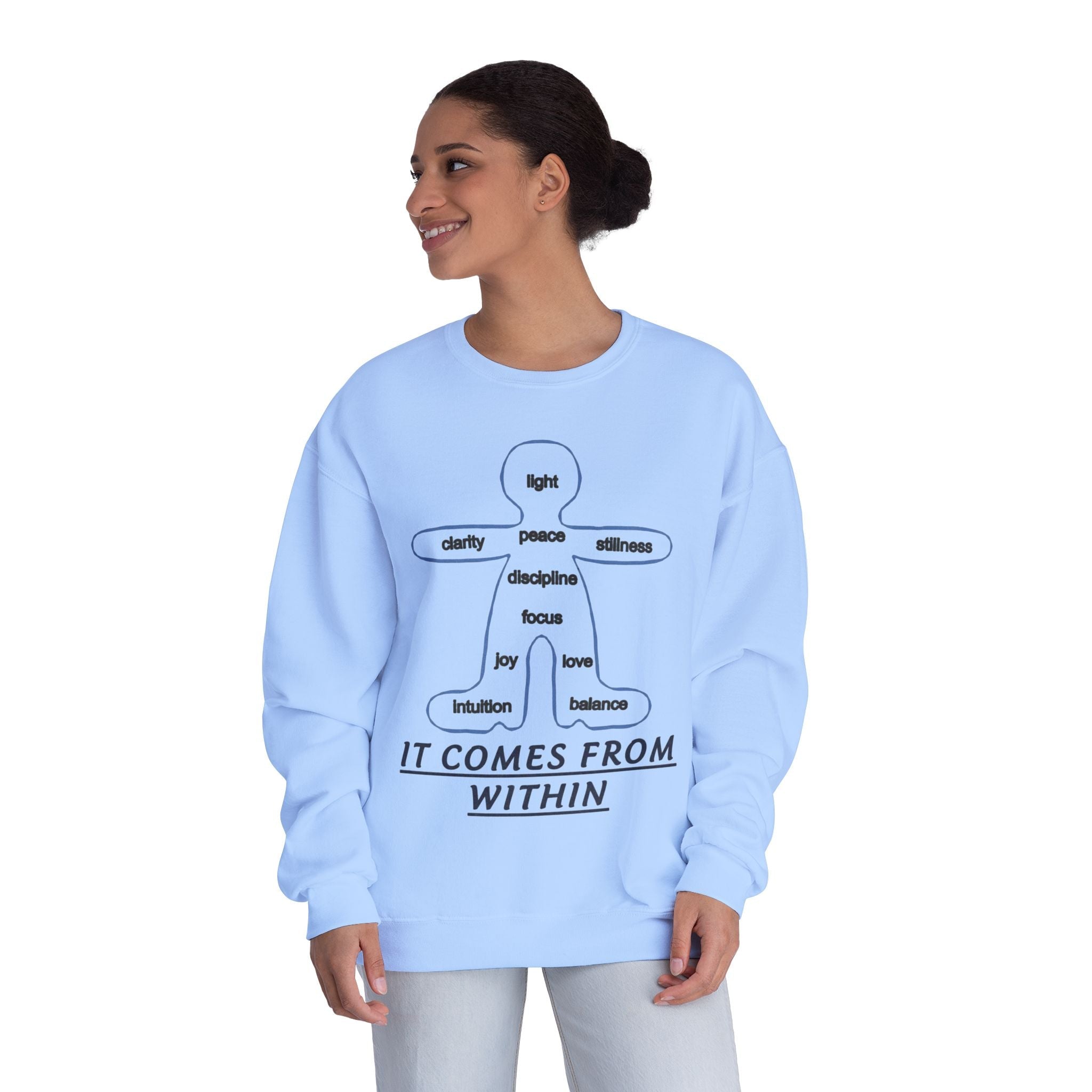 Crewneck Sweatshirt — "It Comes From Within" Mindfulness Diagram Printify