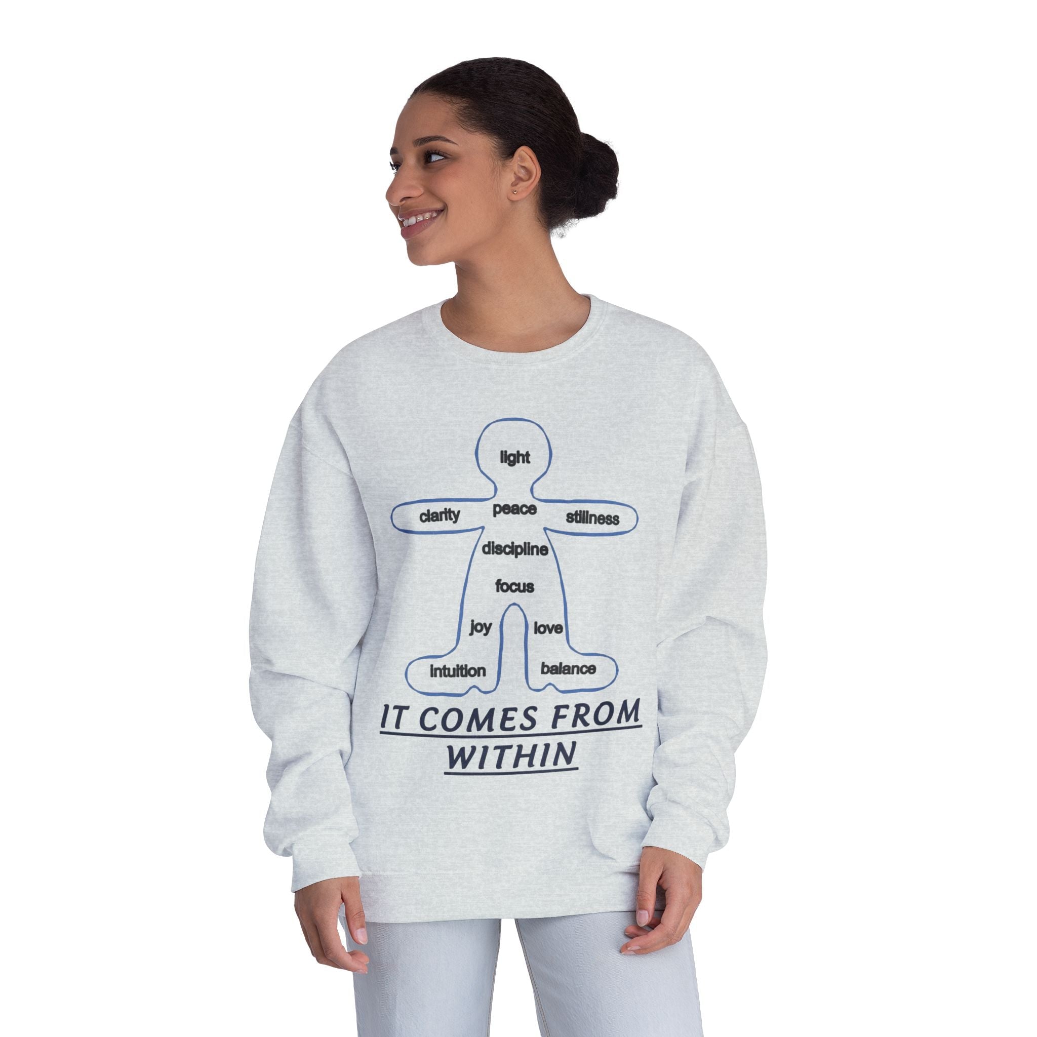 Crewneck Sweatshirt — "It Comes From Within" Mindfulness Diagram Printify