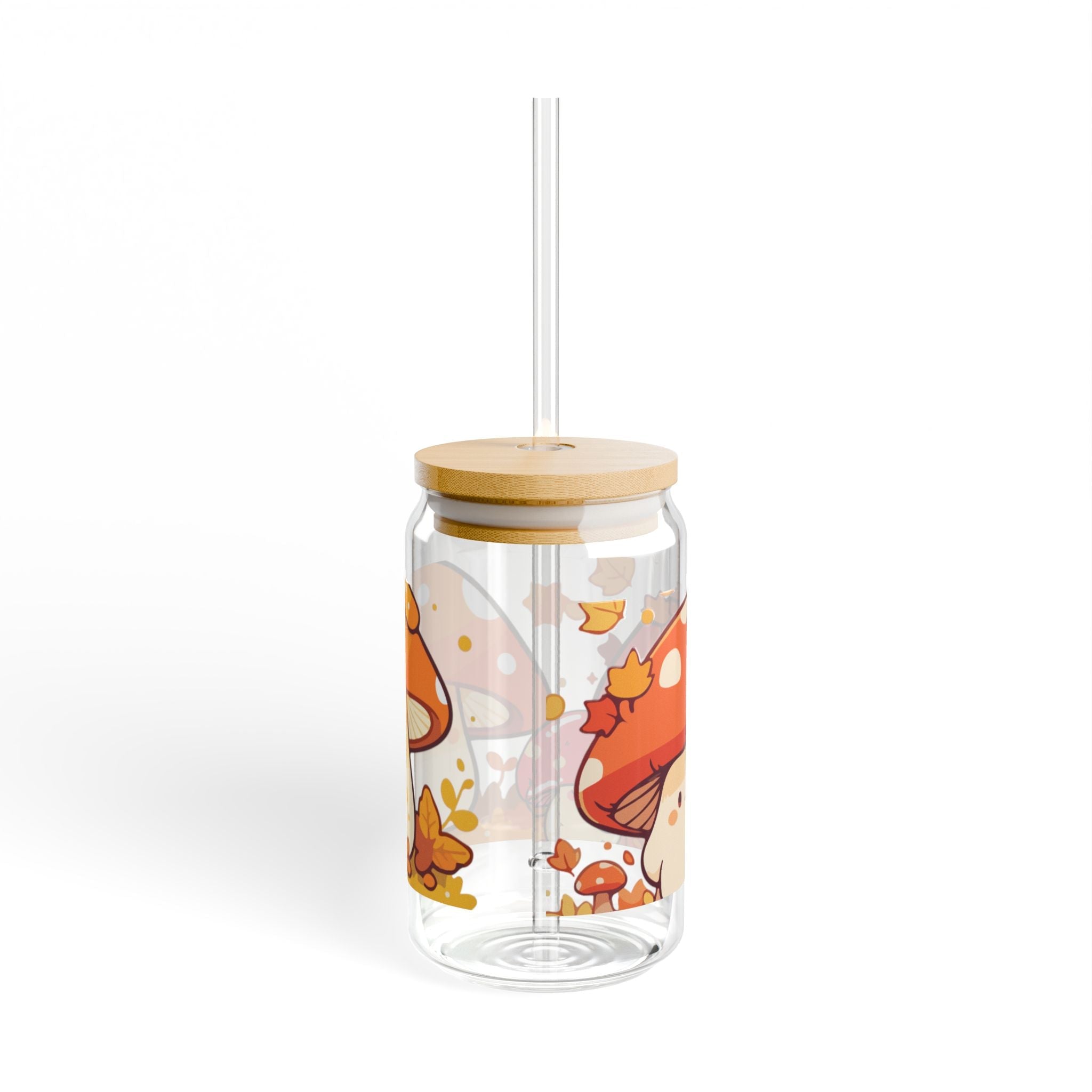 Cute Mushroom Sipper Glass, 16oz, Perfect for Eco-Friendly Gifts, Fall Decor, Kid-Friendly Drinkware, Cute Kitchen Accessory Printify