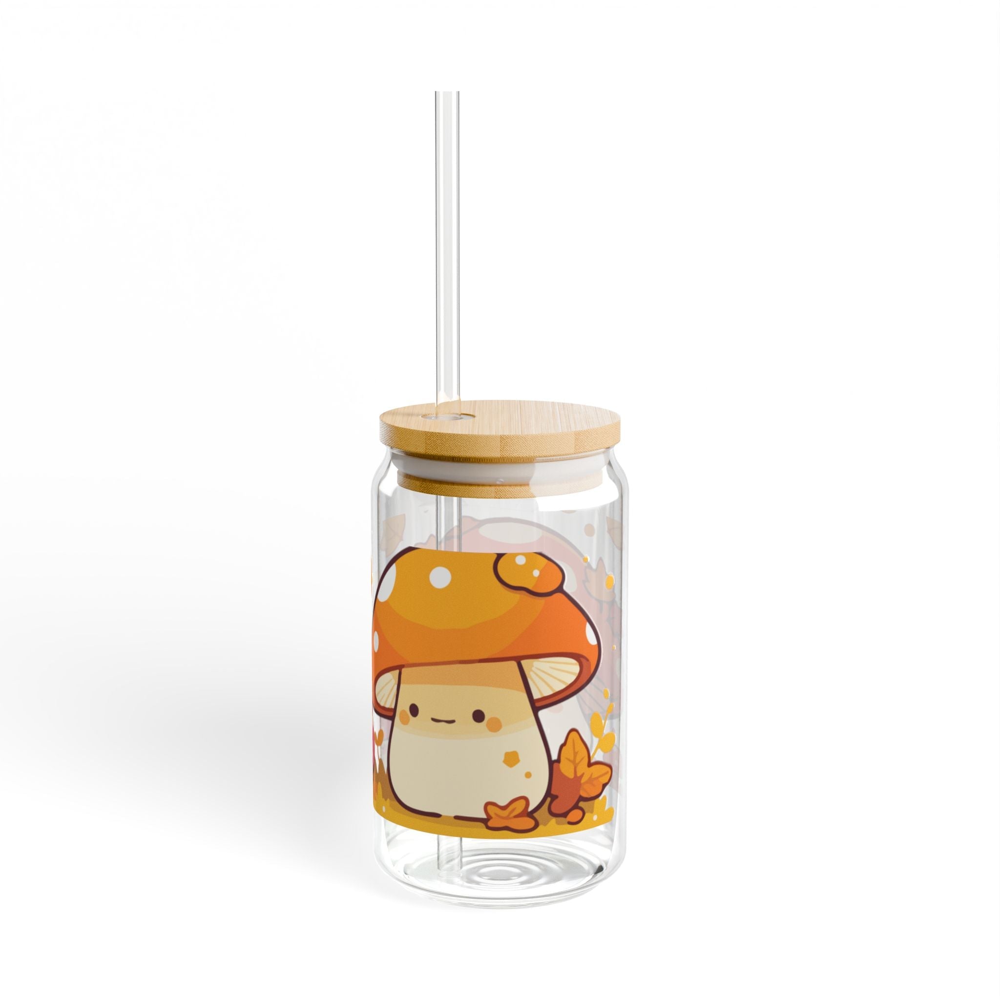 Cute Mushroom Sipper Glass, 16oz, Perfect for Eco-Friendly Gifts, Fall Decor, Kid-Friendly Drinkware, Cute Kitchen Accessory Printify