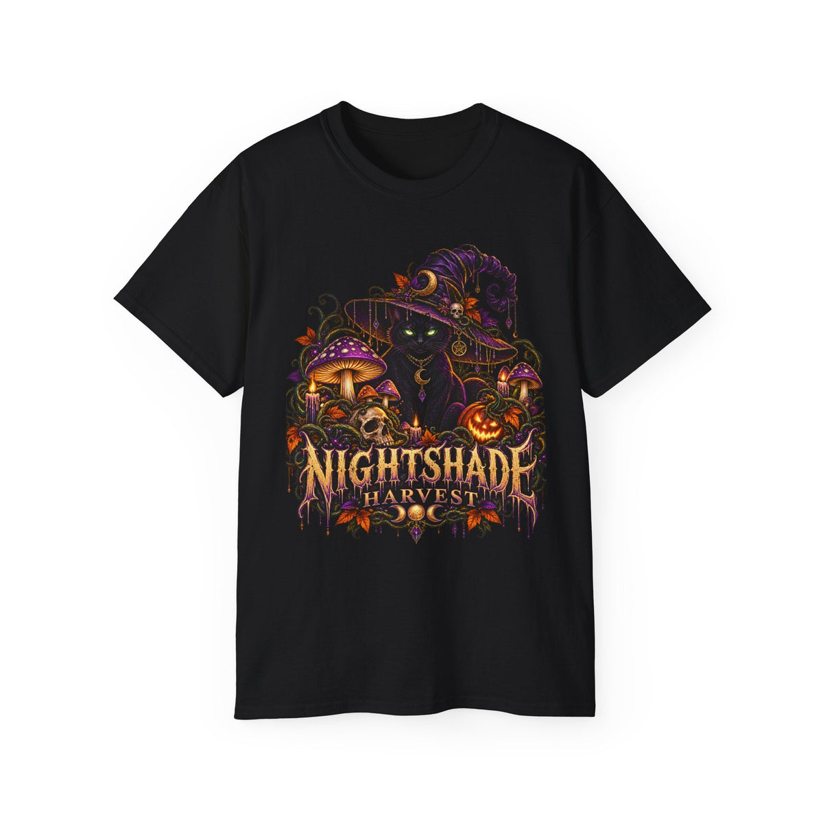 Nightshade Harvest Witch Cat Tee – Mushroom Halloween Streetwear
