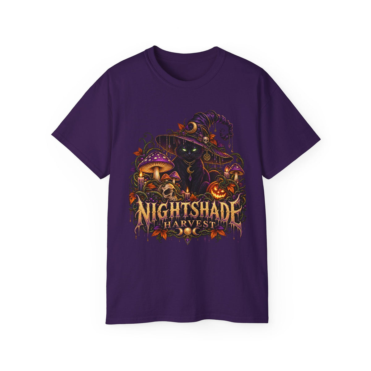 Nightshade Harvest Witch Cat Tee – Mushroom Halloween Streetwear