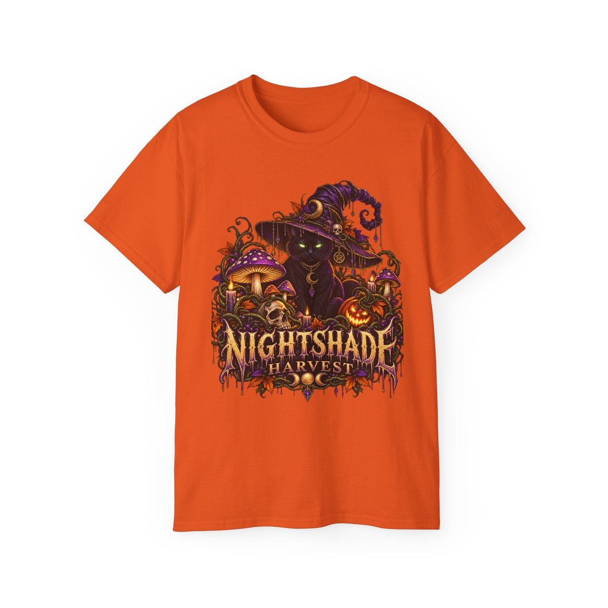 Nightshade Harvest Witch Cat Tee – Mushroom Halloween Streetwear