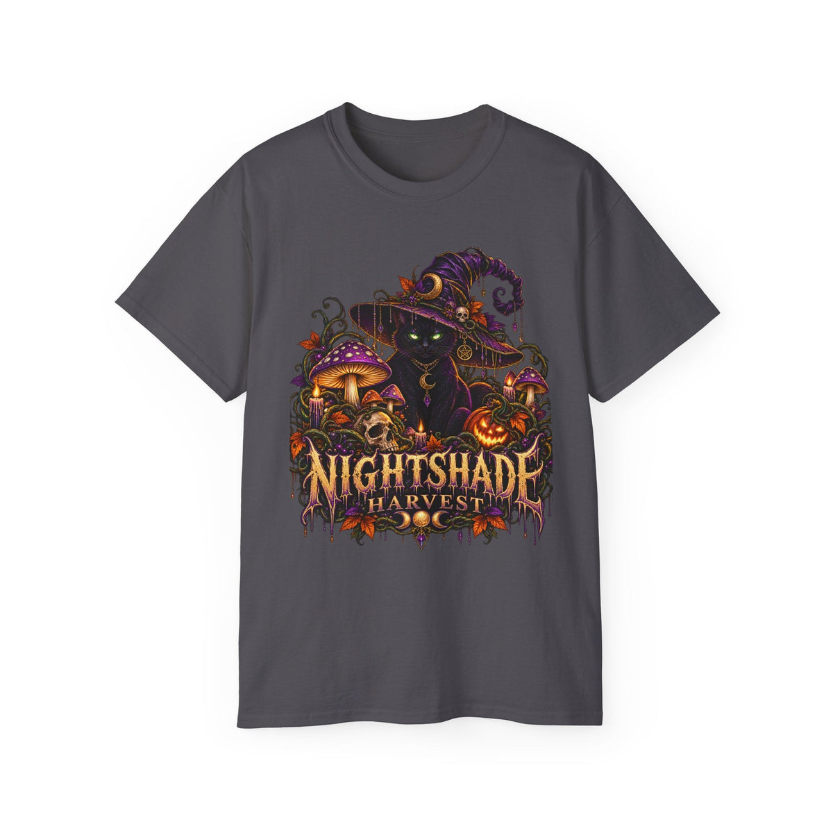 Nightshade Harvest Witch Cat Tee – Mushroom Halloween Streetwear