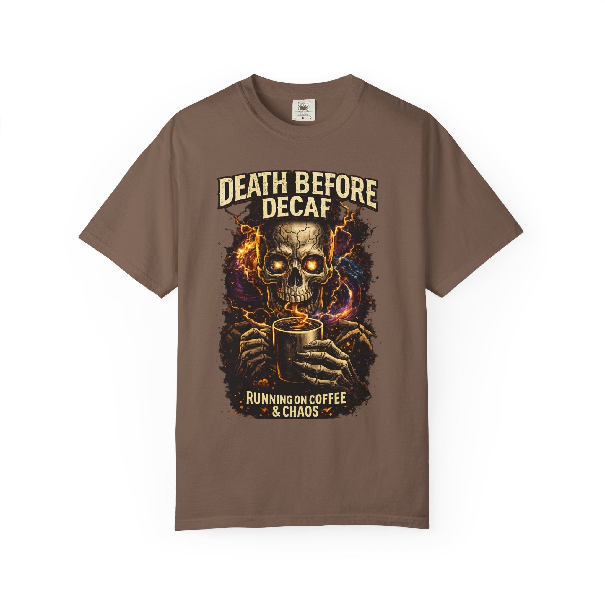 Death Before Decaf T-Shirt — Skull Coffee Graphic Tee (Running on Coffee & Chaos) Printify