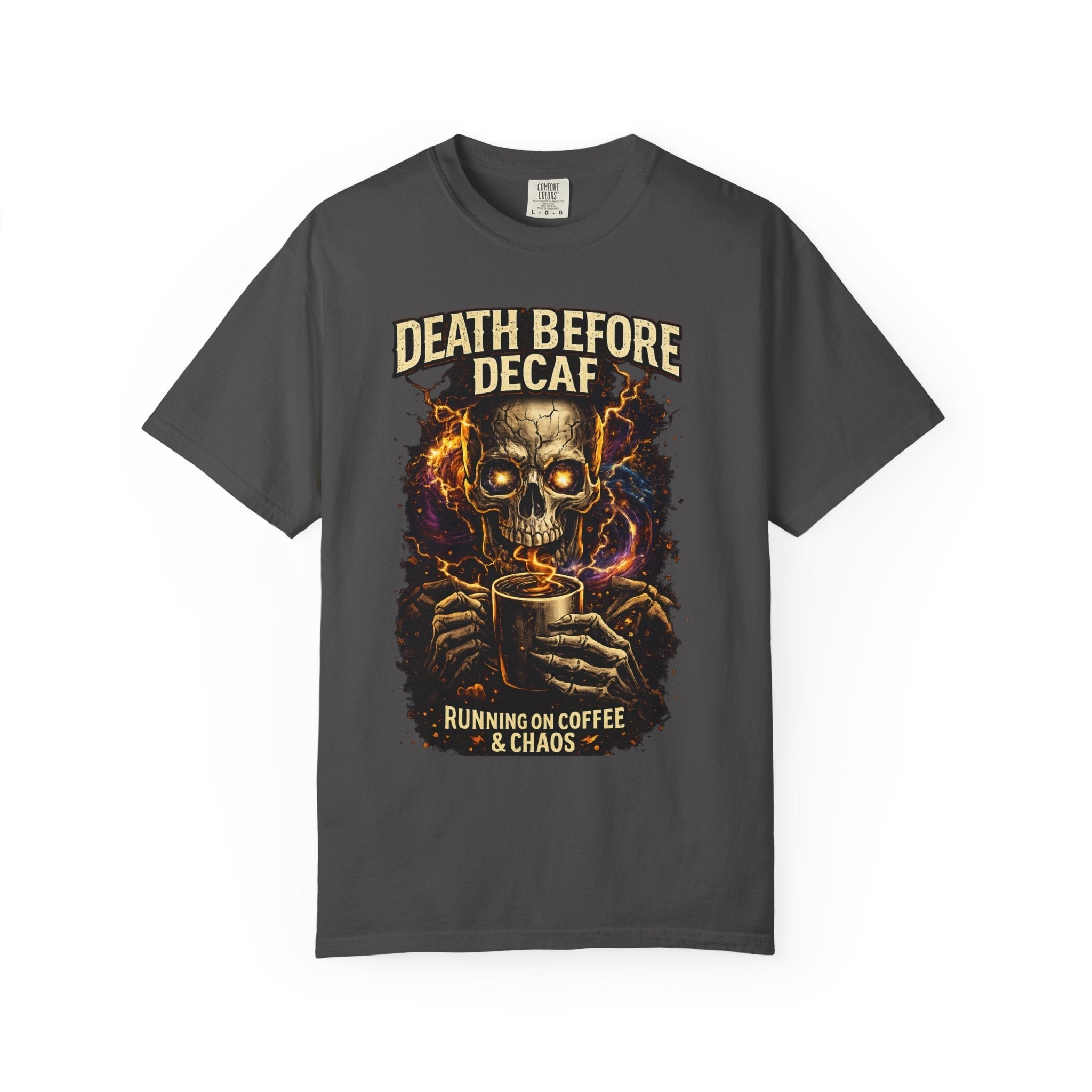 Death Before Decaf T-Shirt — Skull Coffee Graphic Tee (Running on Coffee & Chaos) Printify