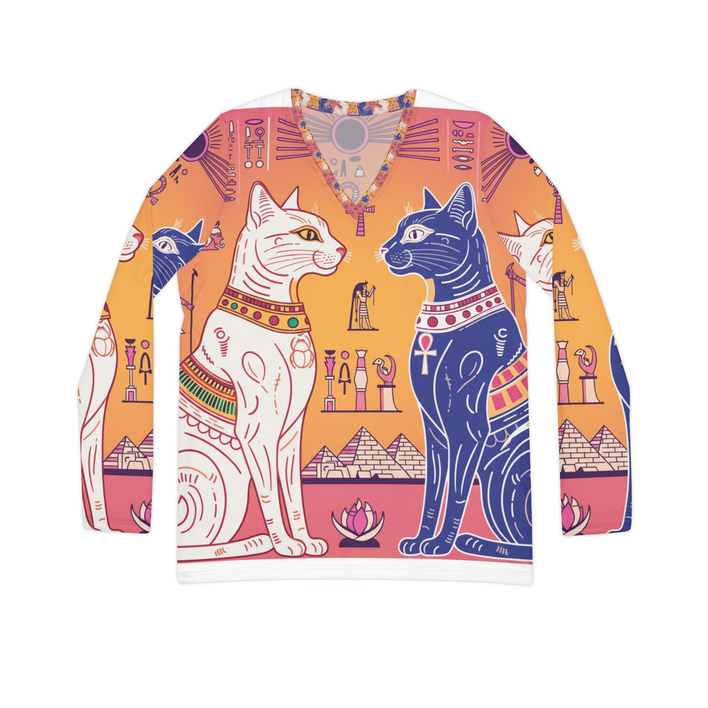 Egyptian Cat Print Long Sleeve V-Neck Shirt, Perfect for Cat Lovers, Unique Gift for Her, Festival Fashion, Cozy Casual Wear