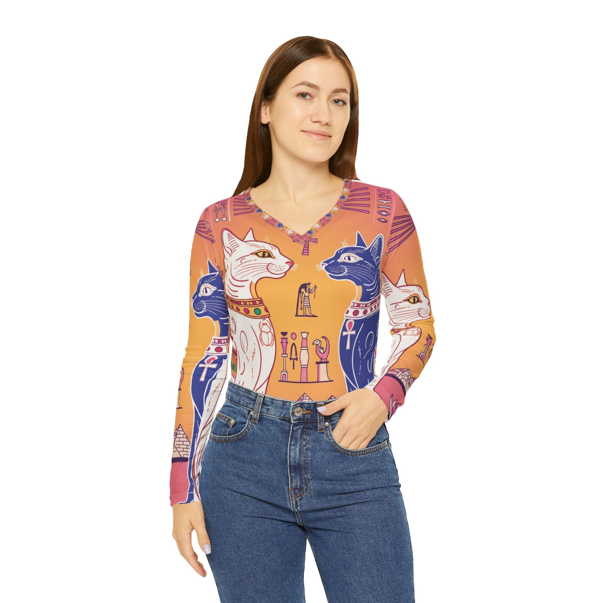 Egyptian Cat Print Long Sleeve V-Neck Shirt, Perfect for Cat Lovers, Unique Gift for Her, Festival Fashion, Cozy Casual Wear