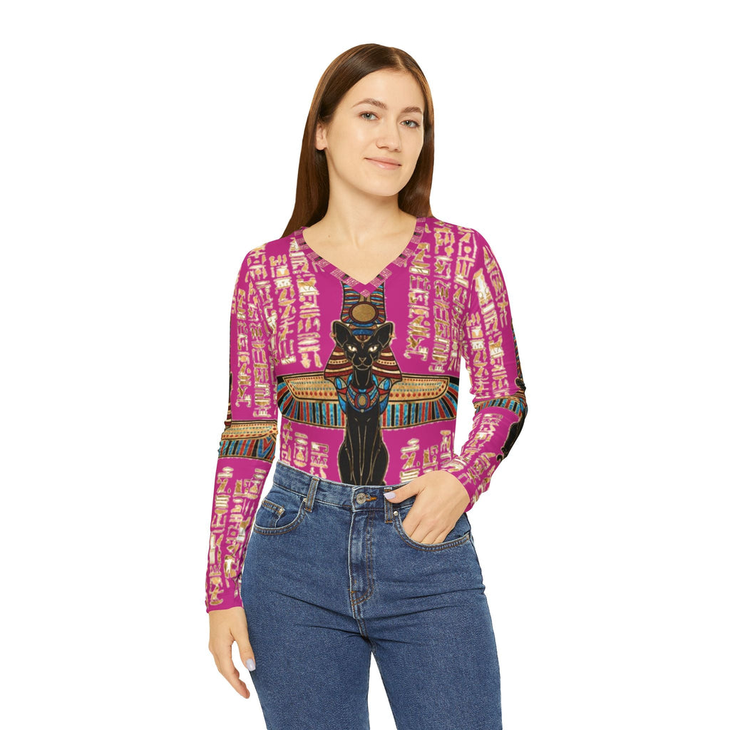 Egyptian-Inspired Long Sleeve V-Neck Shirt, Bohemian Top, Artsy Fashion, Casual Wear, Unique Gift for Her, Festival Attire, Cultural Style