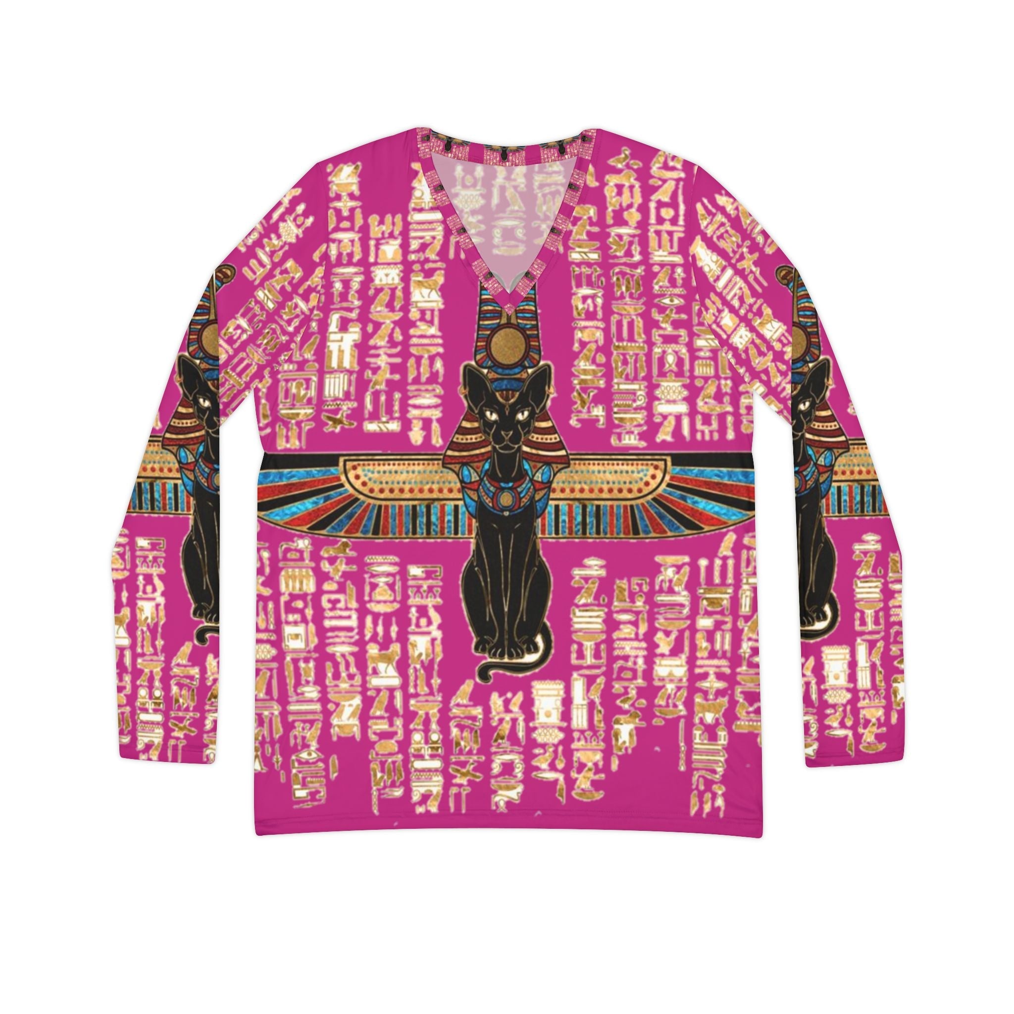 Egyptian-Inspired Long Sleeve V-Neck Shirt, Bohemian Top, Artsy Fashion, Casual Wear, Unique Gift for Her, Festival Attire, Cultural Style