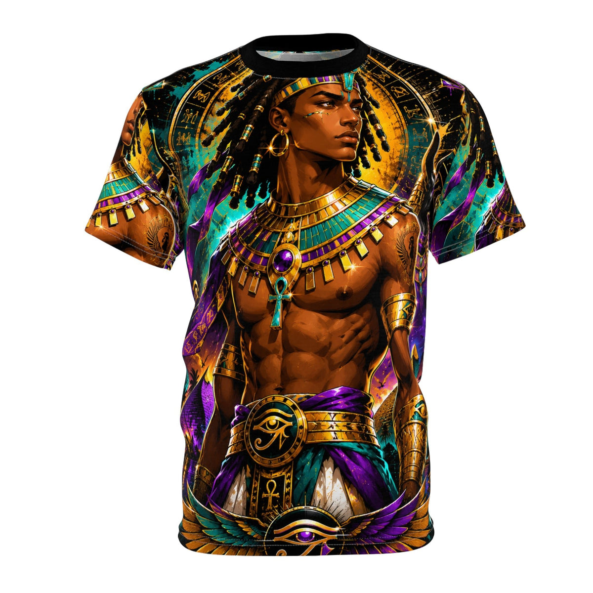 Egyptian King Ankh Graphic Tee front view — golden pharaoh all-over print by JR Vortex