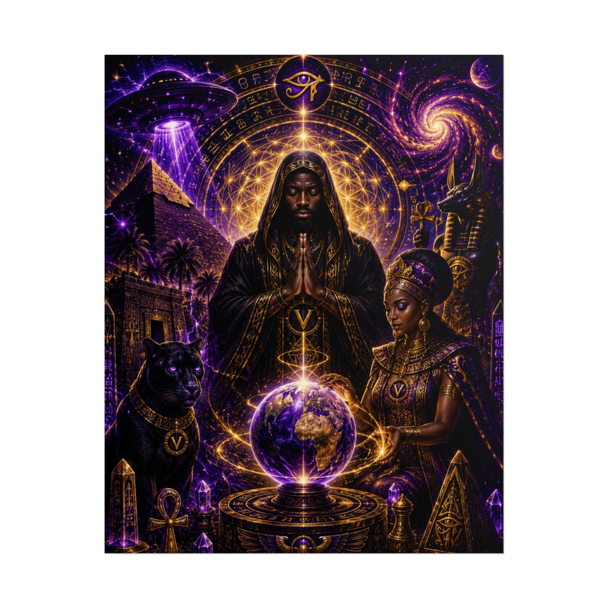 Egyptian Mystic Poster - Cosmic Ankh & Pharaoh Art Print (Rolled Poster)
