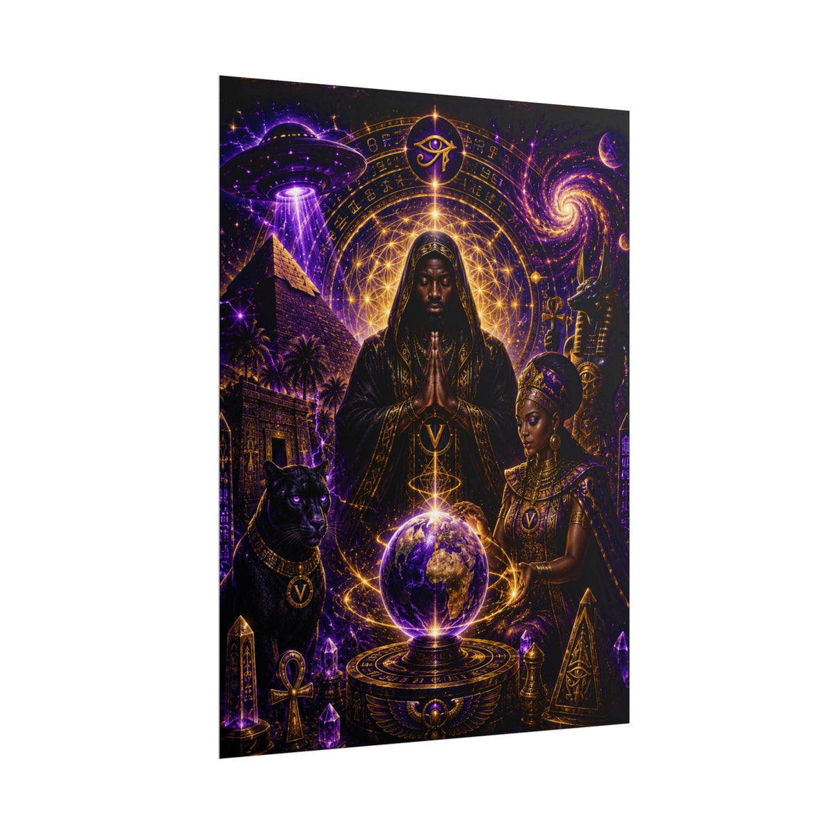Egyptian Mystic Poster - Cosmic Ankh & Pharaoh Art Print (Rolled Poster)