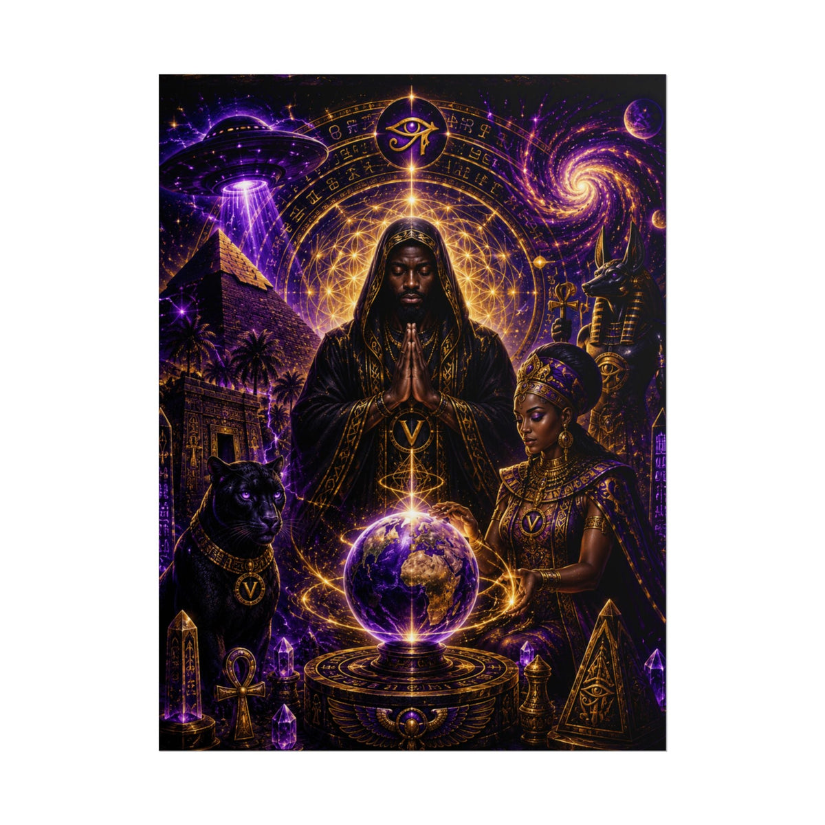 Egyptian Mystic Poster - Cosmic Ankh & Pharaoh Art Print (Rolled Poster)