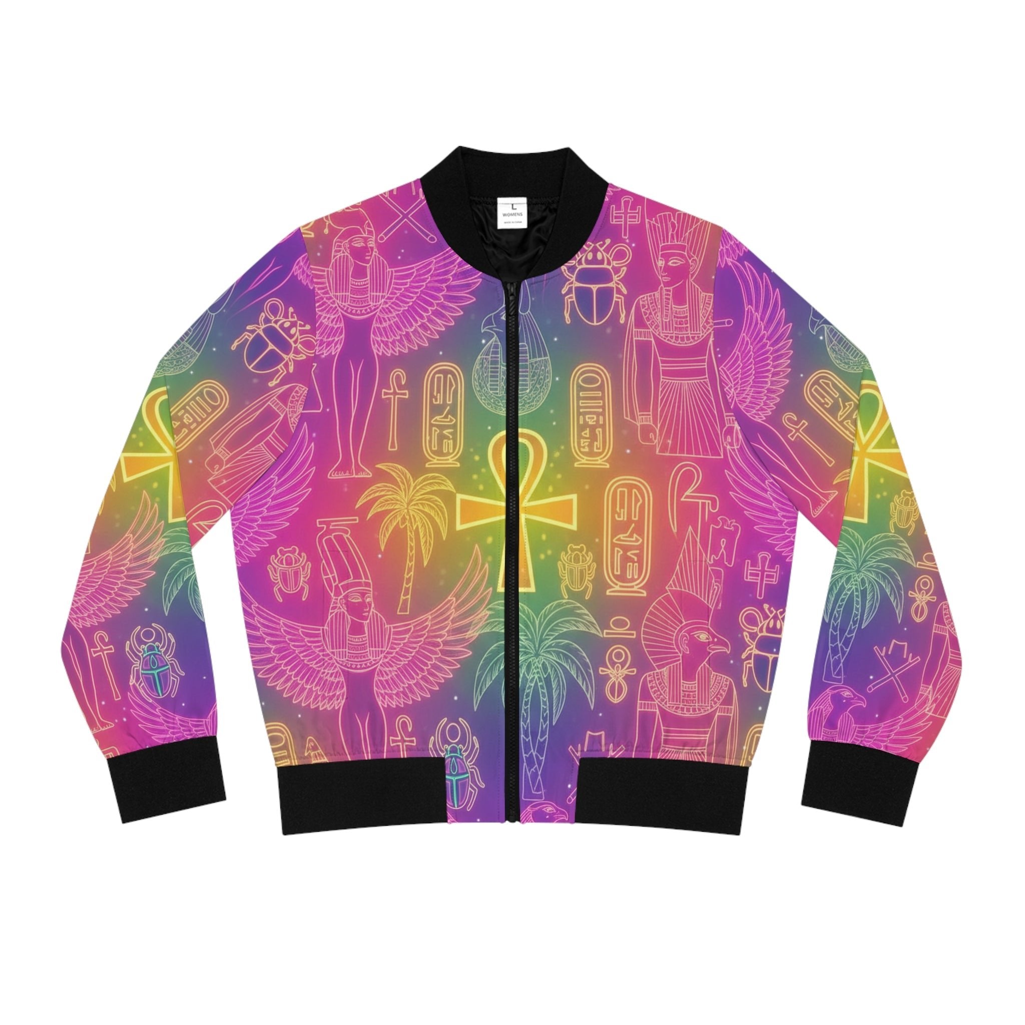 Egyptian Symbols Rainbow Bomber Jacket — Ankh & Hieroglyph All-Over Print Printify