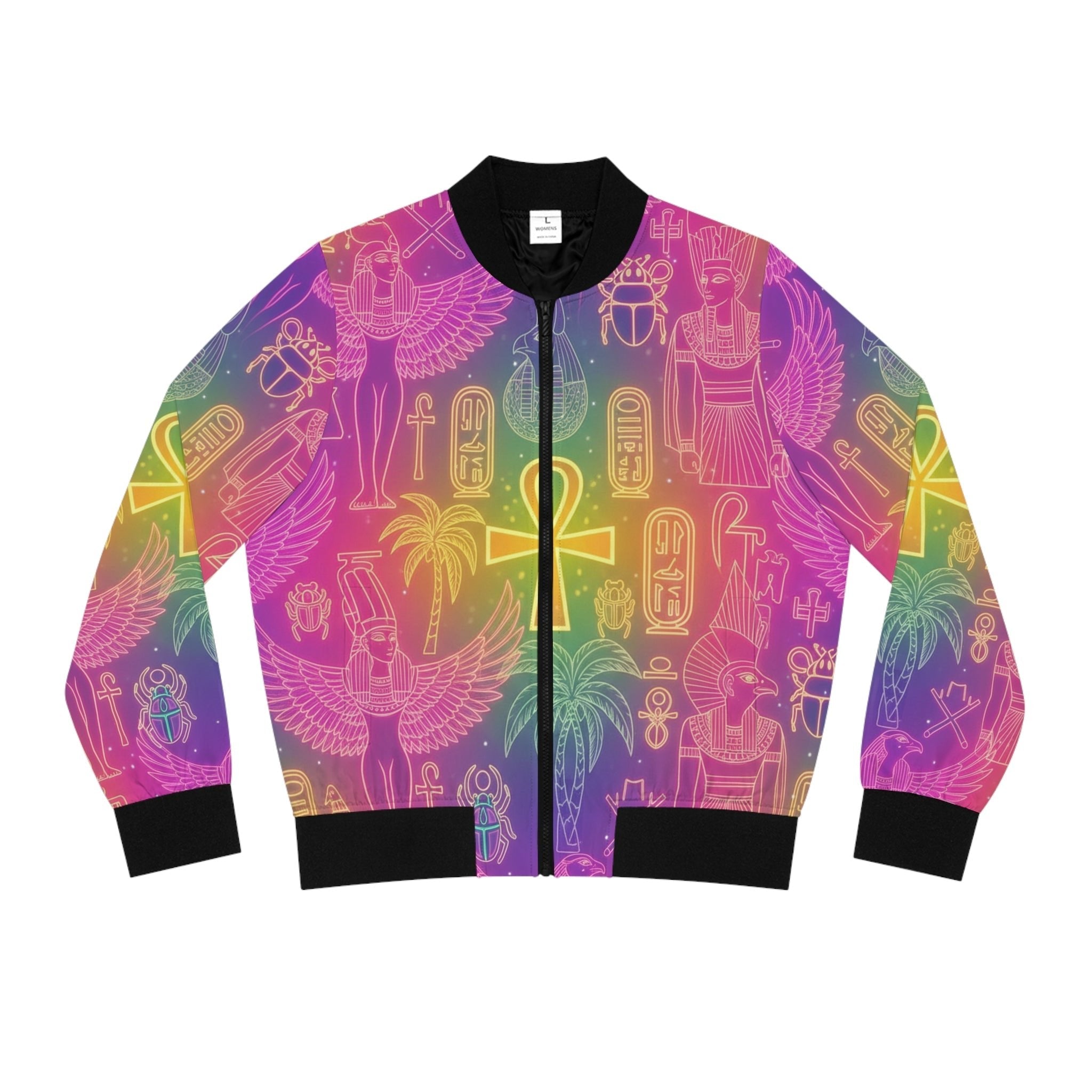 Egyptian Symbols Rainbow Bomber Jacket — Ankh & Hieroglyph All-Over Print Printify