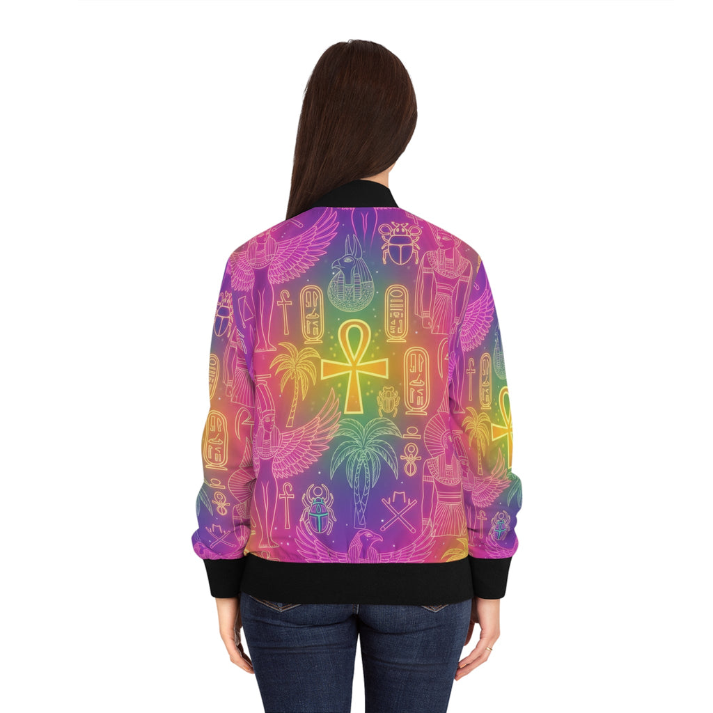 Egyptian Symbols Rainbow Bomber Jacket — Ankh & Hieroglyph All-Over Print Printify