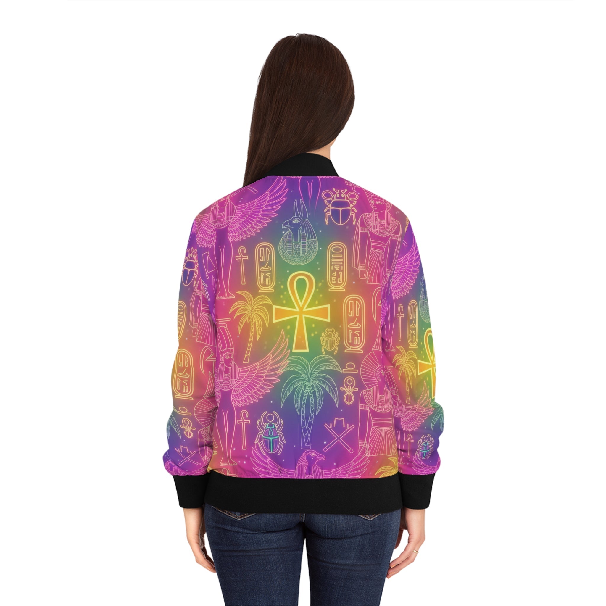 Egyptian Symbols Rainbow Bomber Jacket — Ankh & Hieroglyph All-Over Print Printify