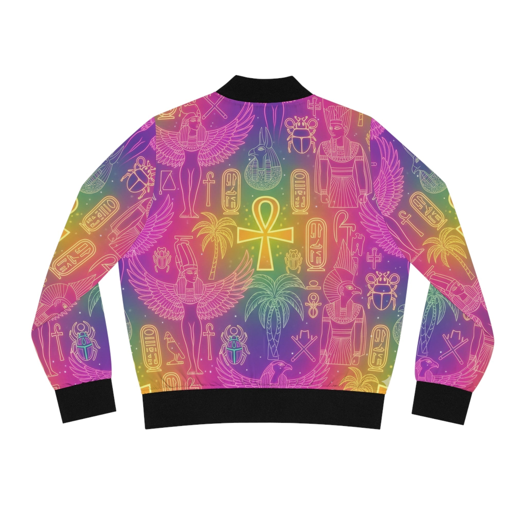 Egyptian Symbols Rainbow Bomber Jacket — Ankh & Hieroglyph All-Over Print Printify