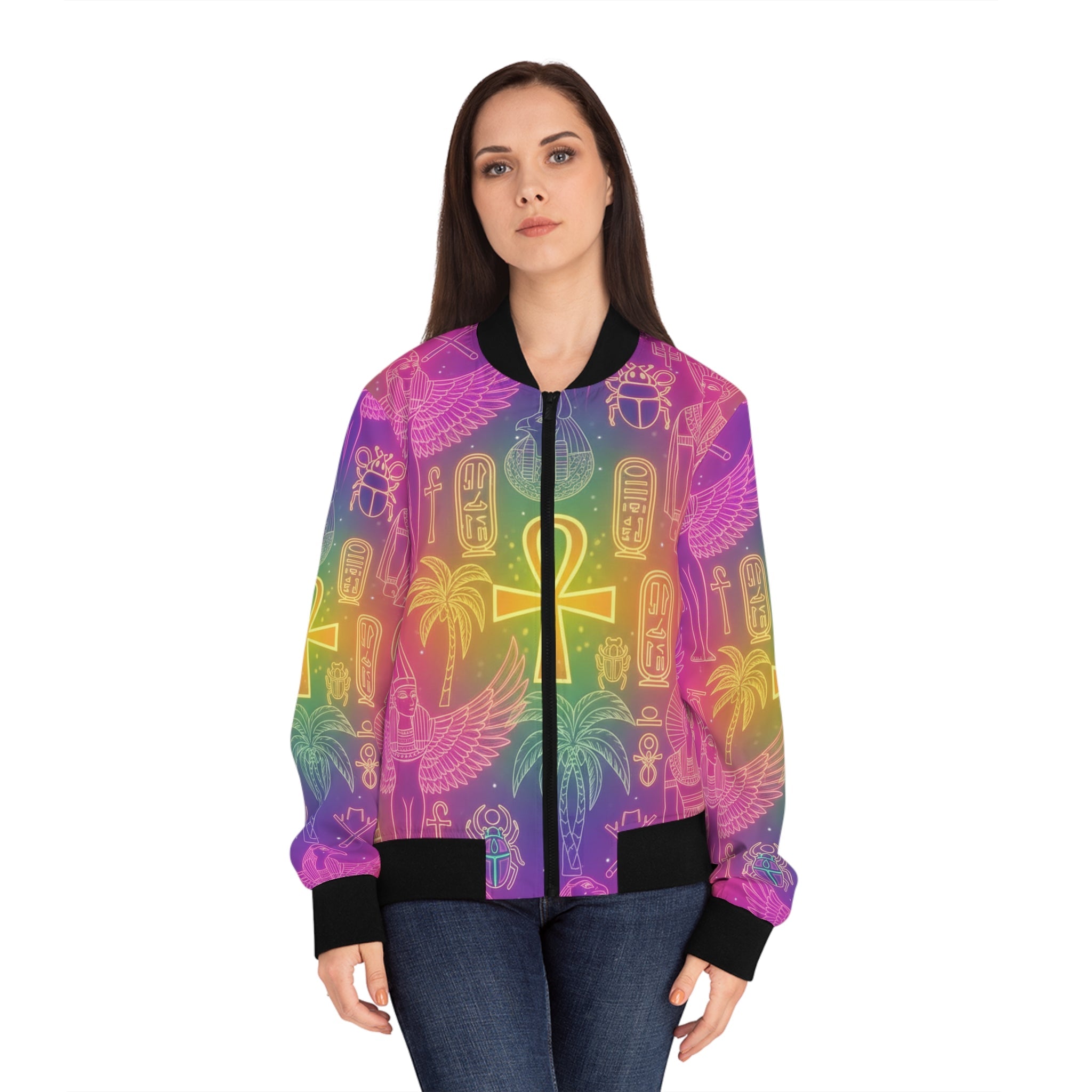 Egyptian Symbols Rainbow Bomber Jacket — Ankh & Hieroglyph All-Over Print Printify