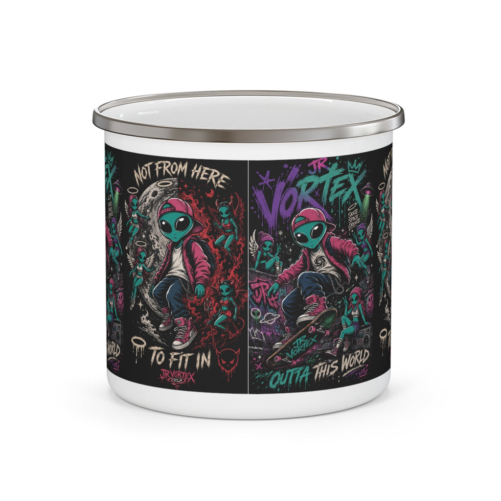 Enamel Mug — 'Not From Here' Skateboarding Alien Graphic Camper Cup