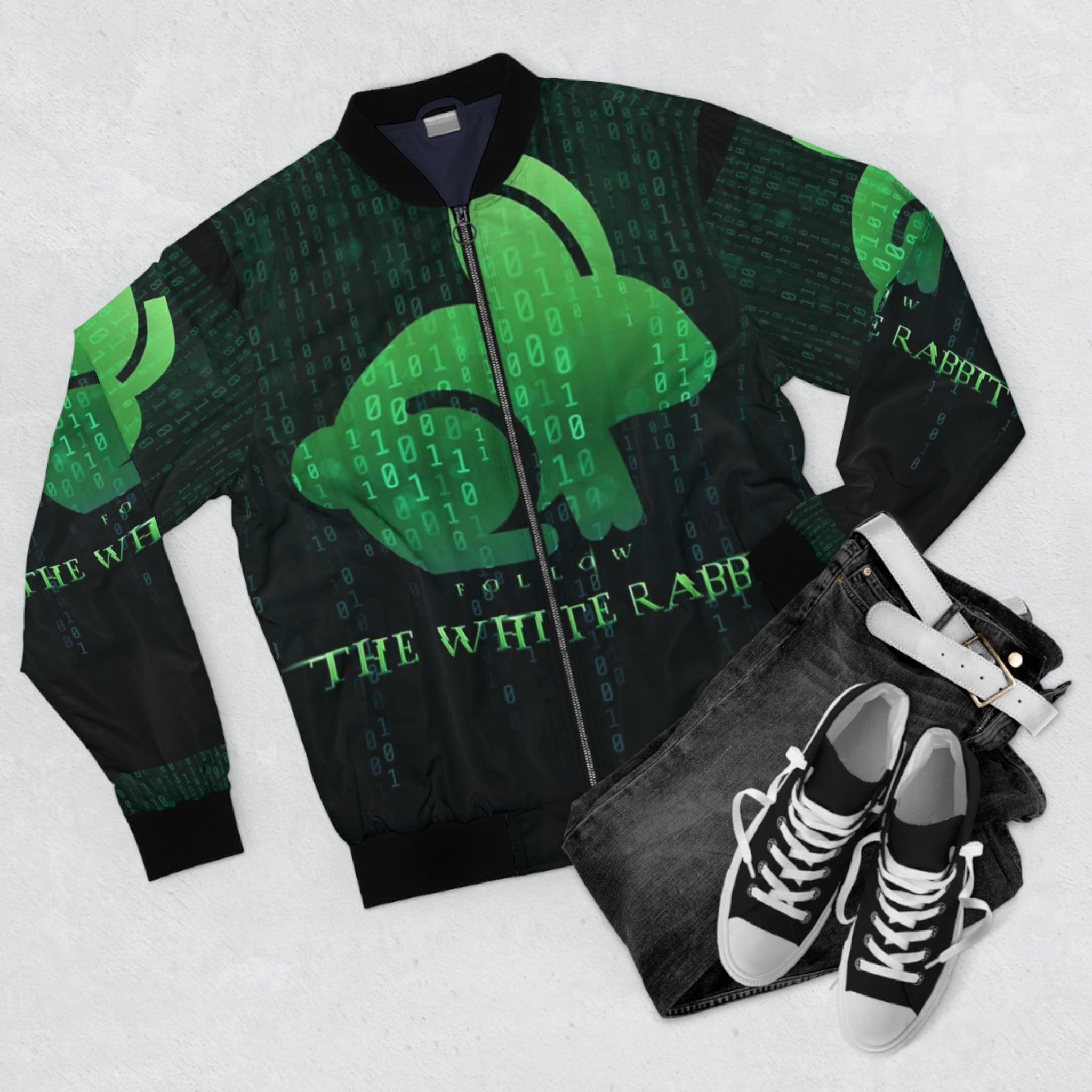 Follow The White Rabbit Bomber Jacket — Cyber Matrix Techwear Printify