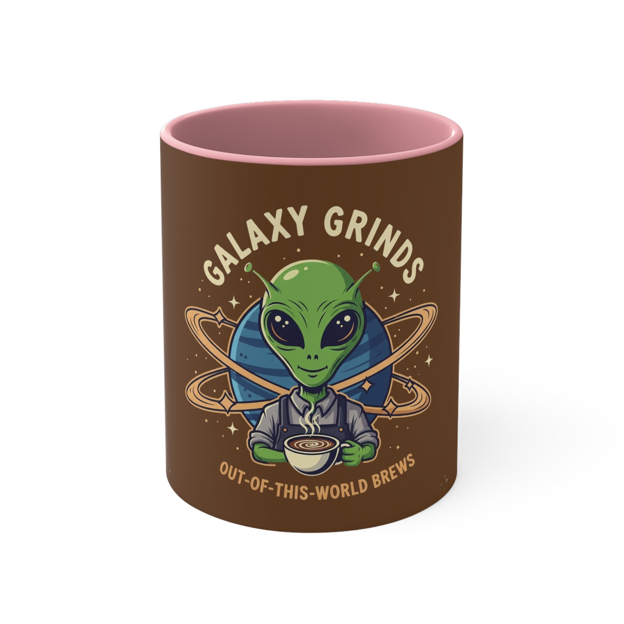 Galaxy Grinds Alien Coffee Mug – “Out Of This World Brews” 11oz Accent Mug Printify