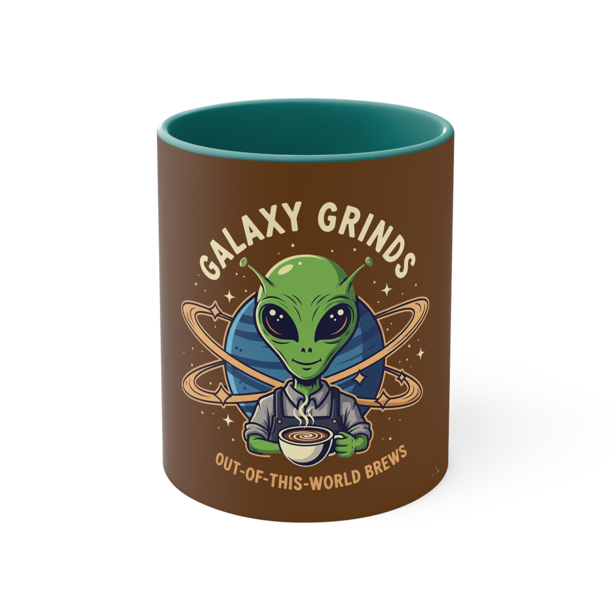Galaxy Grinds Alien Coffee Mug – “Out Of This World Brews” 11oz Accent Mug Printify