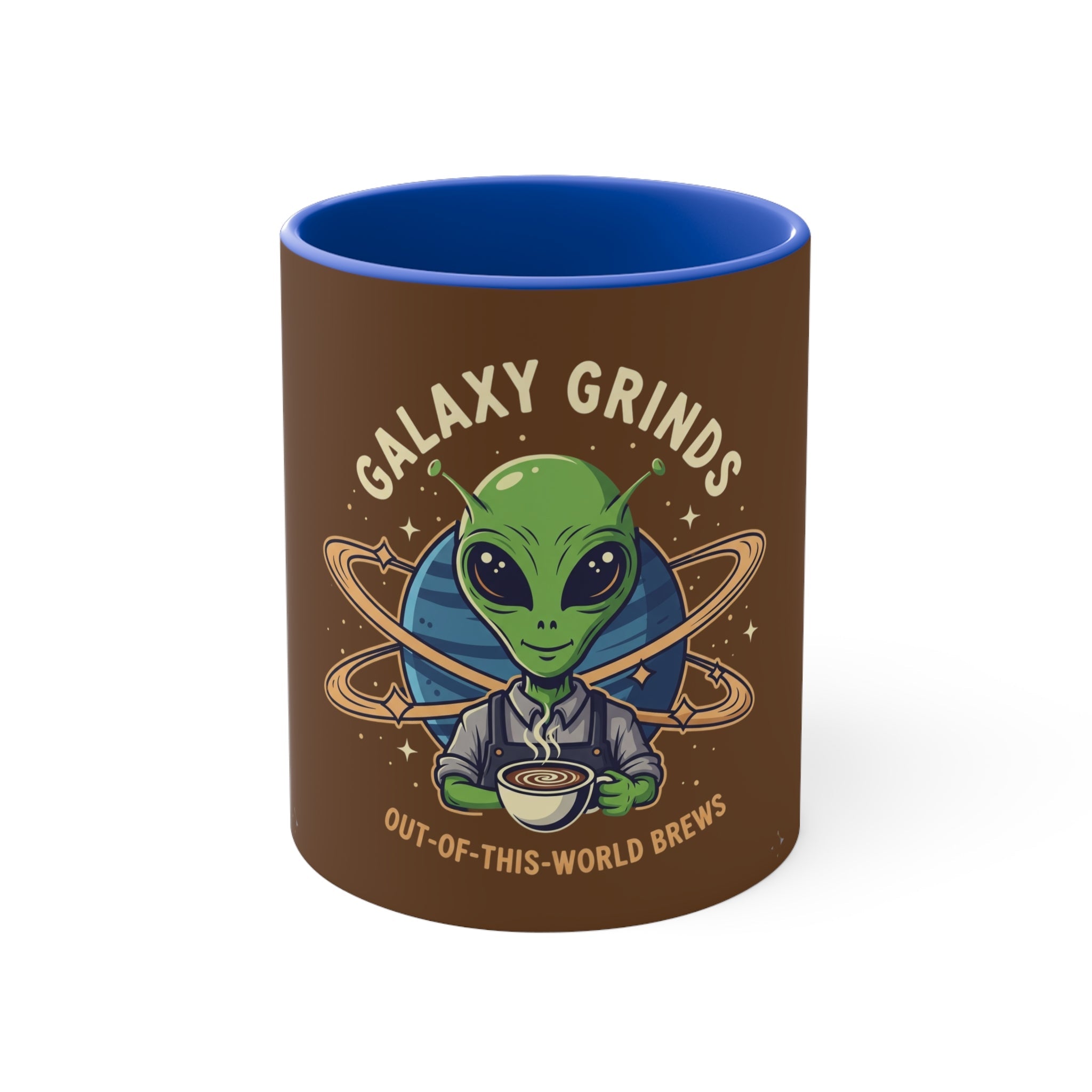 Galaxy Grinds Alien Coffee Mug – “Out Of This World Brews” 11oz Accent Mug Printify