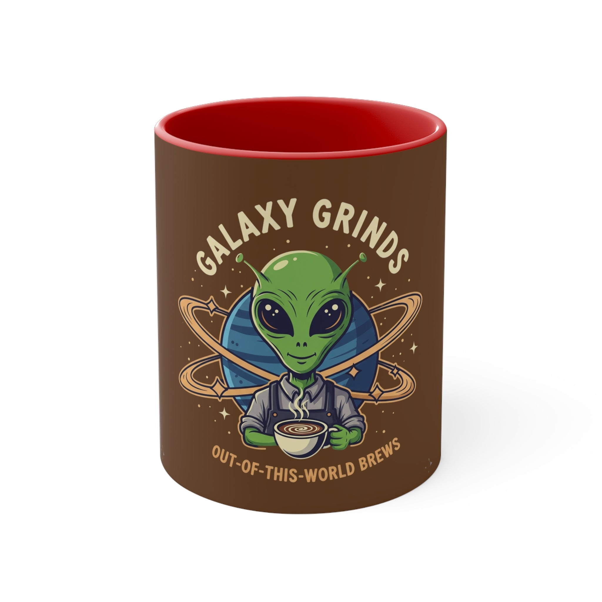 Galaxy Grinds Alien Coffee Mug – “Out Of This World Brews” 11oz Accent Mug Printify