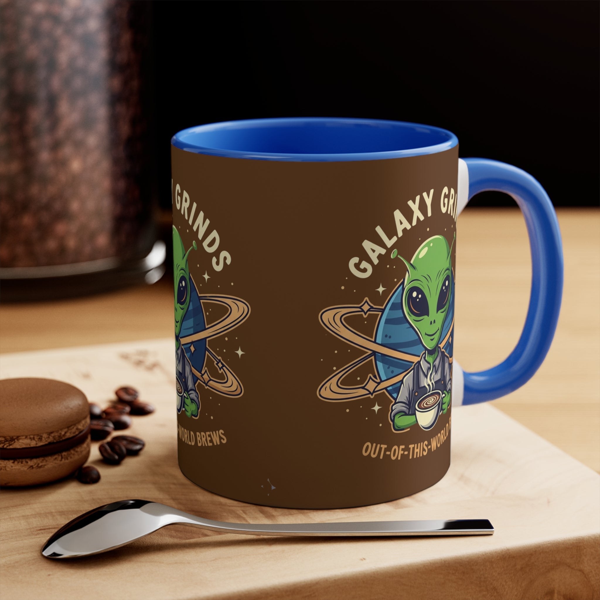 Galaxy Grinds Alien Coffee Mug – “Out Of This World Brews” 11oz Accent Mug Printify