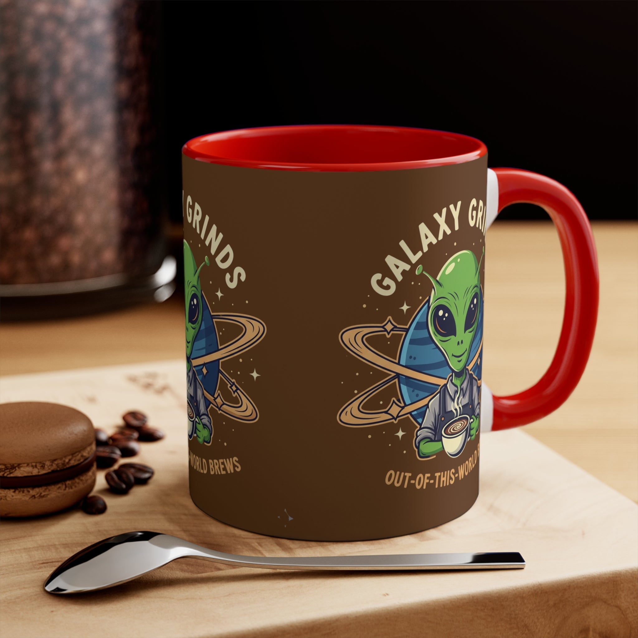 Galaxy Grinds Alien Coffee Mug – “Out Of This World Brews” 11oz Accent Mug Printify