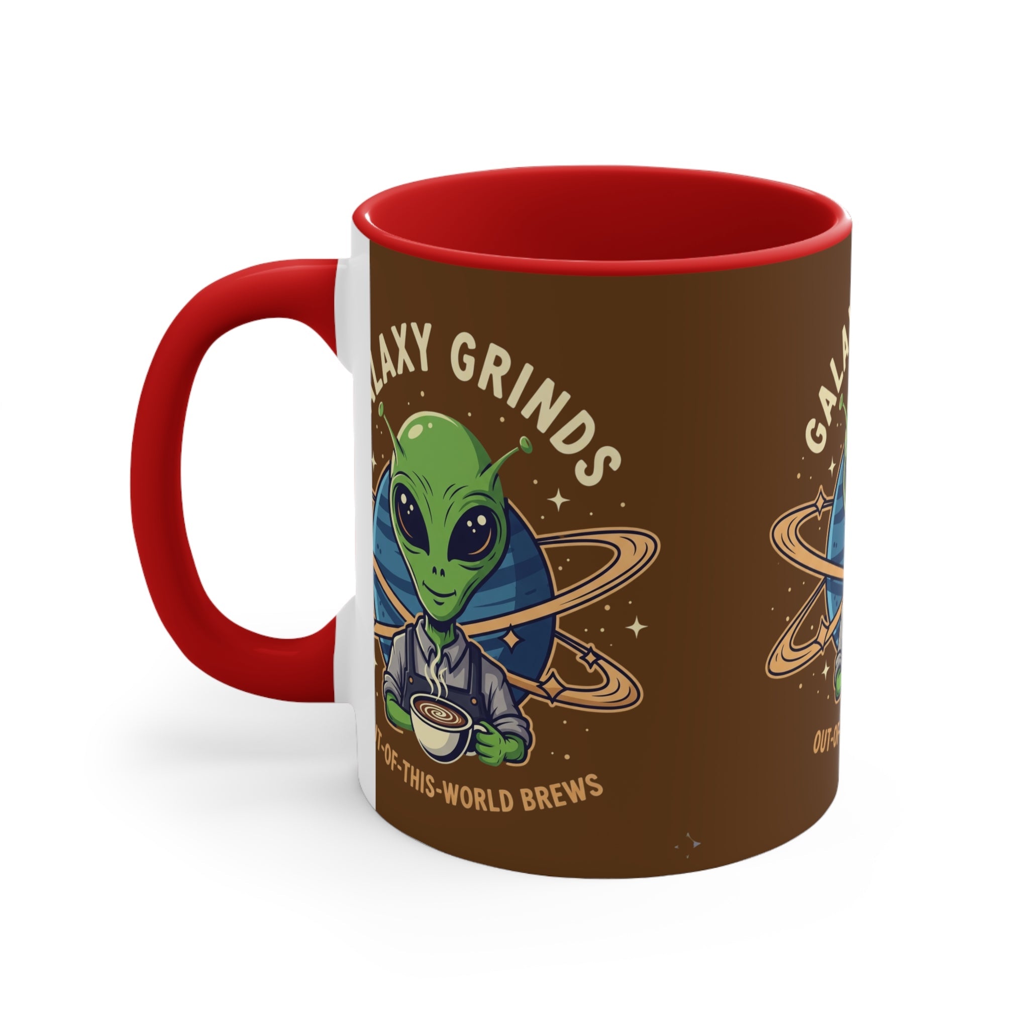Galaxy Grinds Alien Coffee Mug – “Out Of This World Brews” 11oz Accent Mug Printify