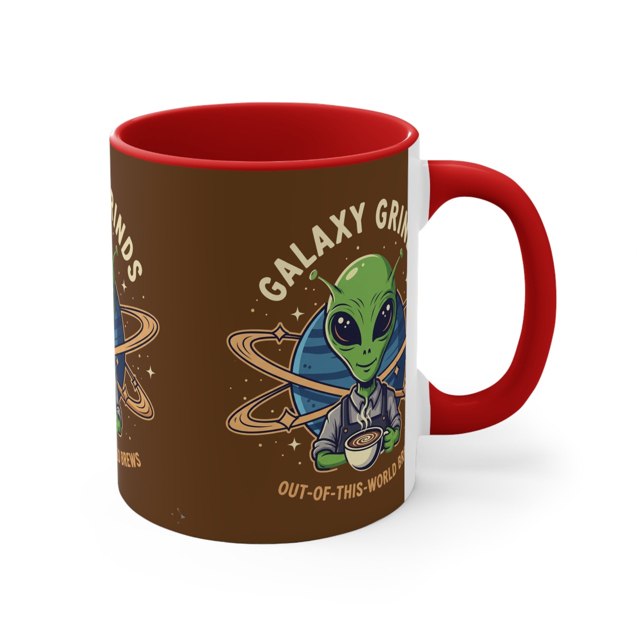 Galaxy Grinds Alien Coffee Mug – “Out Of This World Brews” 11oz Accent Mug Printify