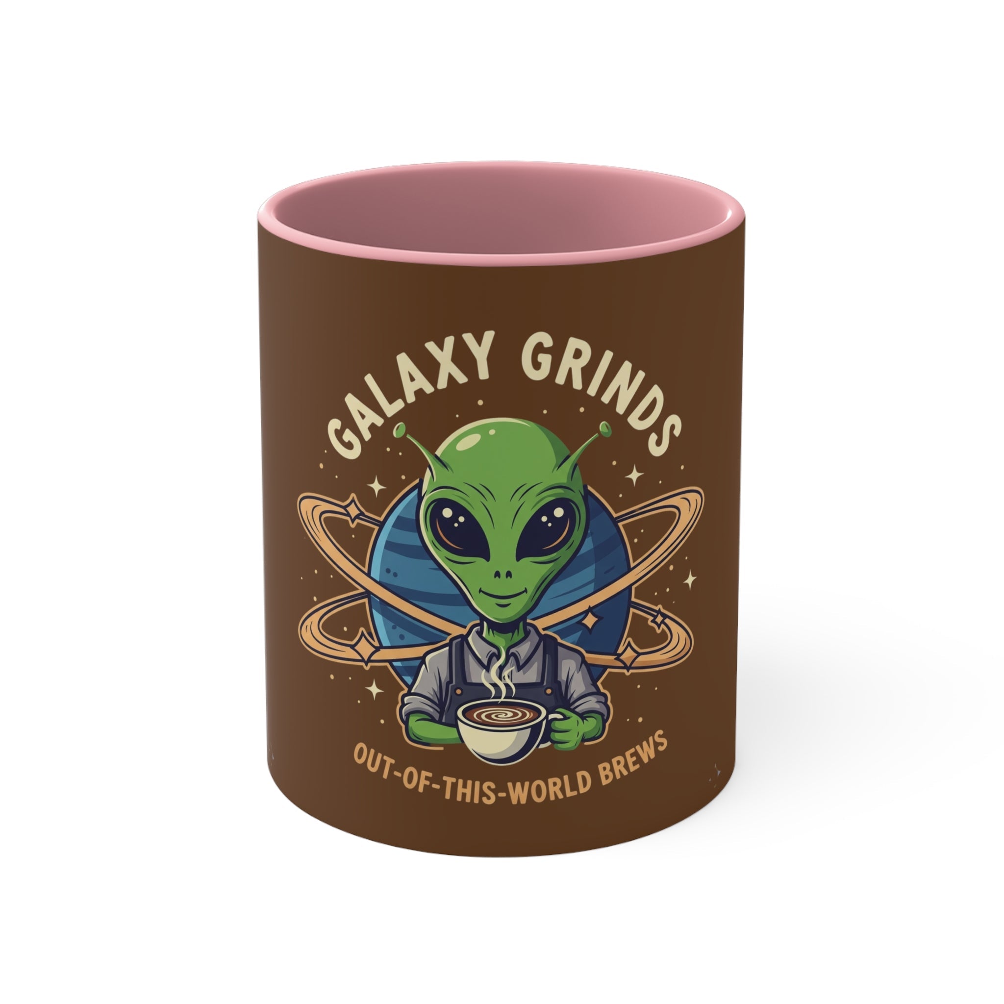 Galaxy Grinds Alien Coffee Mug – “Out Of This World Brews” 11oz Accent Mug Printify