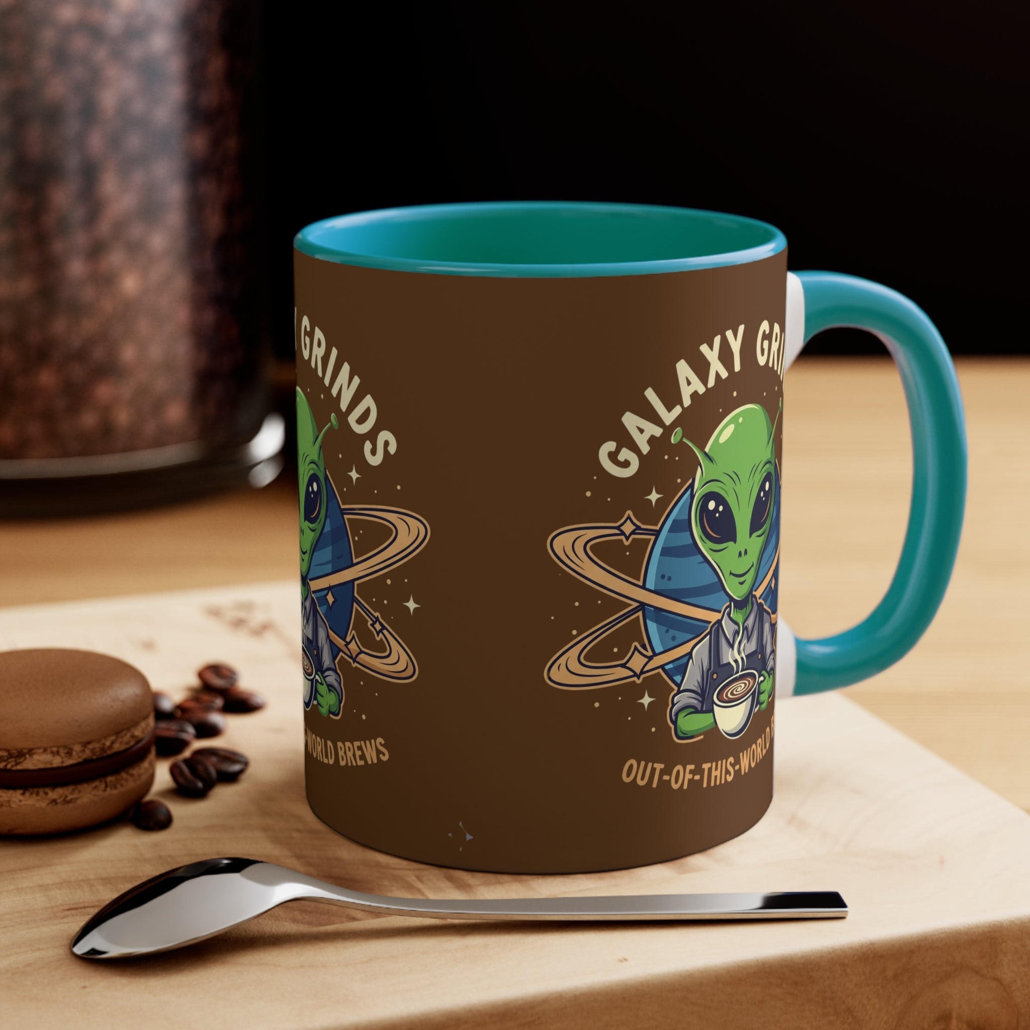 Galaxy Grinds Alien Coffee Mug – “Out Of This World Brews” 11oz Accent Mug Printify