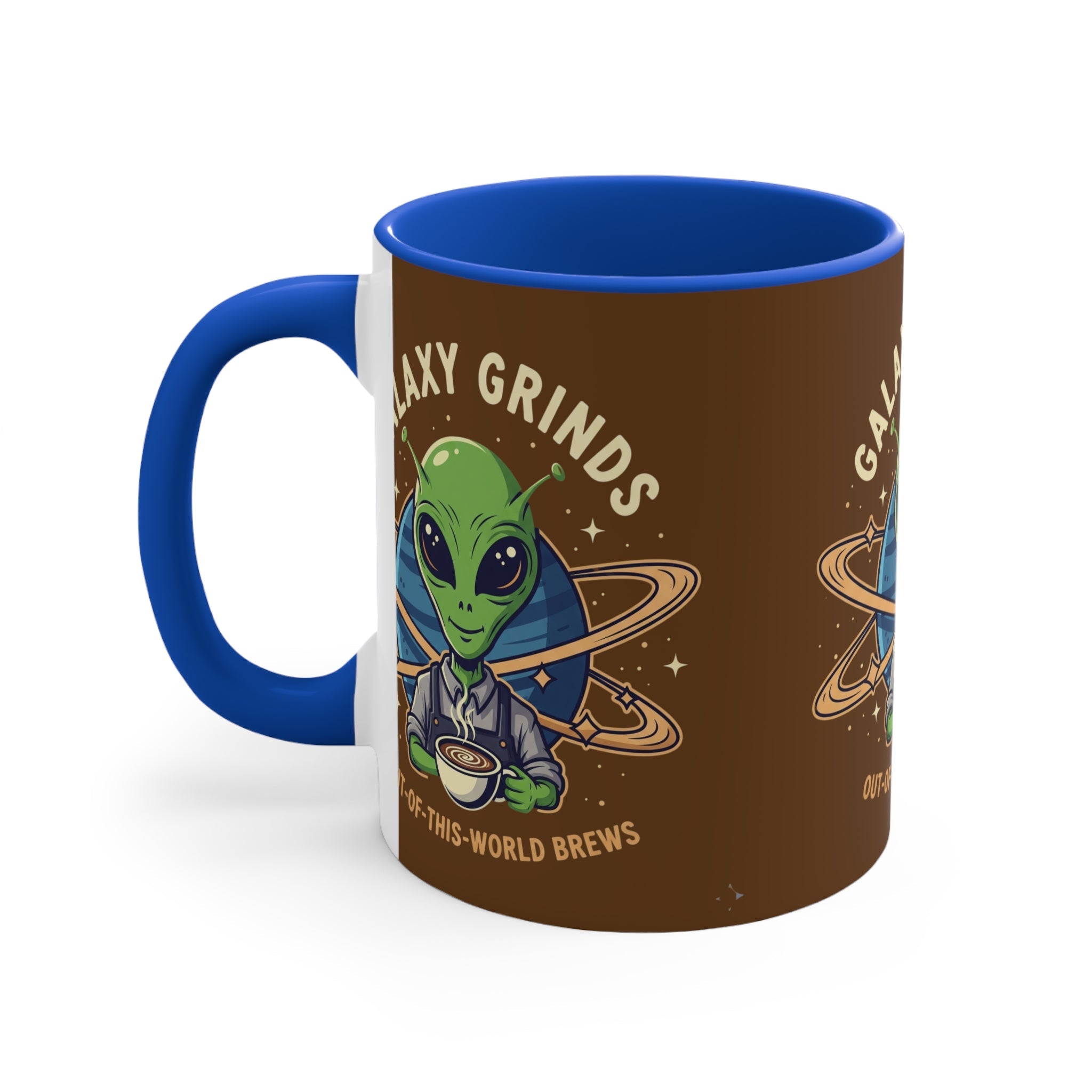 Galaxy Grinds Alien Coffee Mug – “Out Of This World Brews” 11oz Accent Mug Printify
