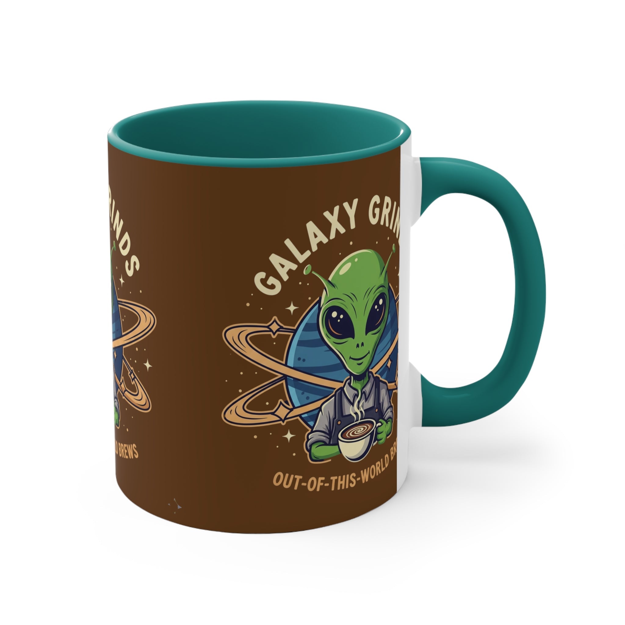 Galaxy Grinds Alien Coffee Mug – “Out Of This World Brews” 11oz Accent Mug Printify