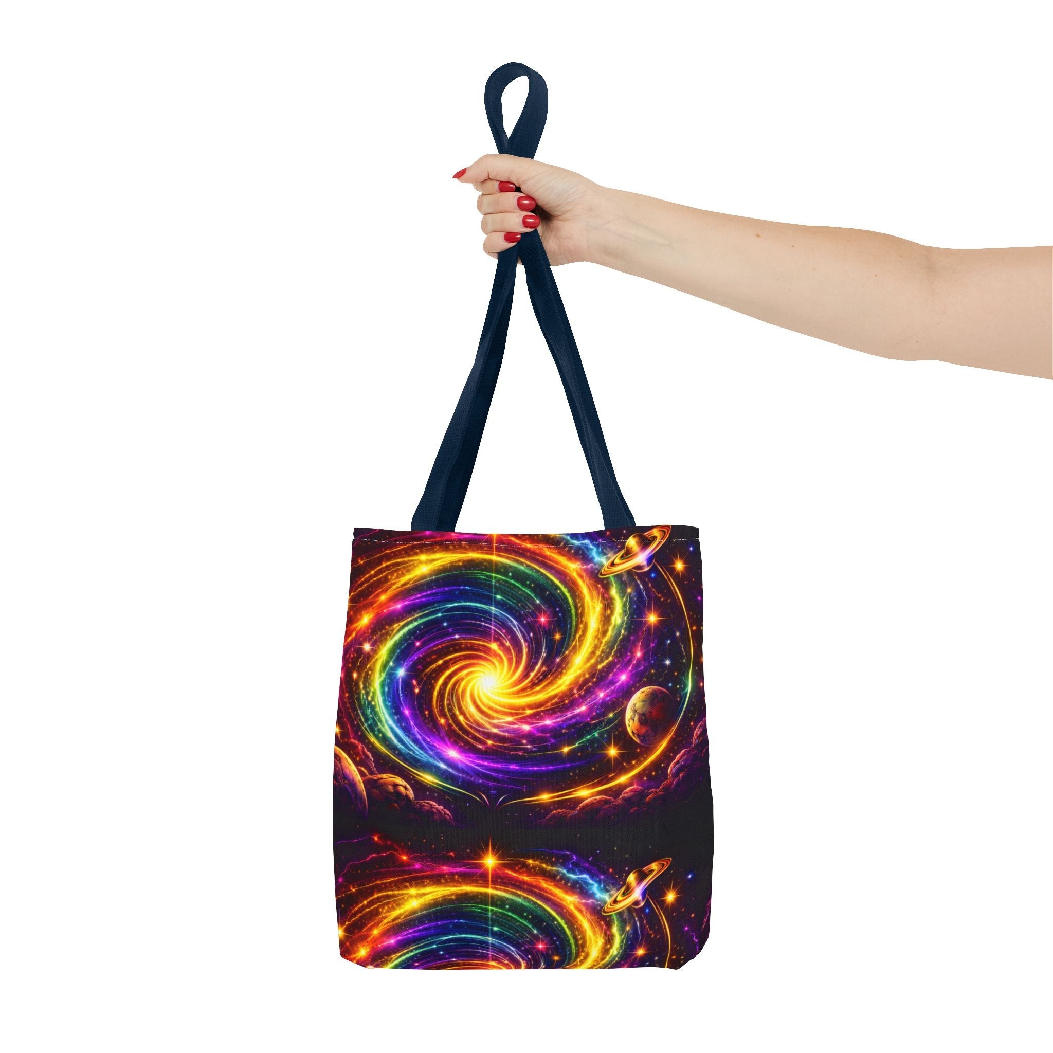 Galaxy Swirl Tote Bag — Vibrant Rainbow Space Spiral All-Over Print Printify